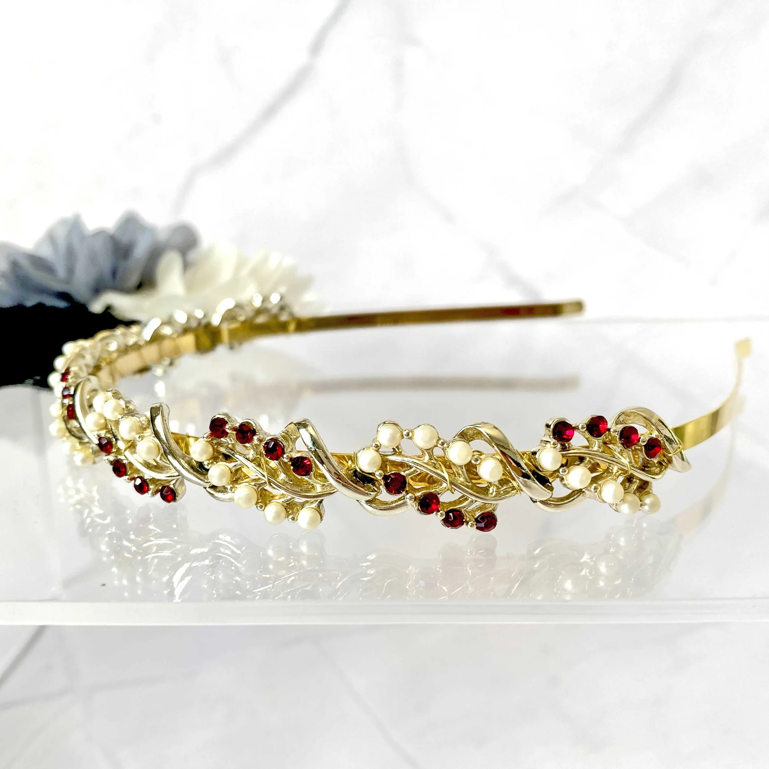 vintage 1950s gold pearl ruby red jewelled bridal wedding hair band
