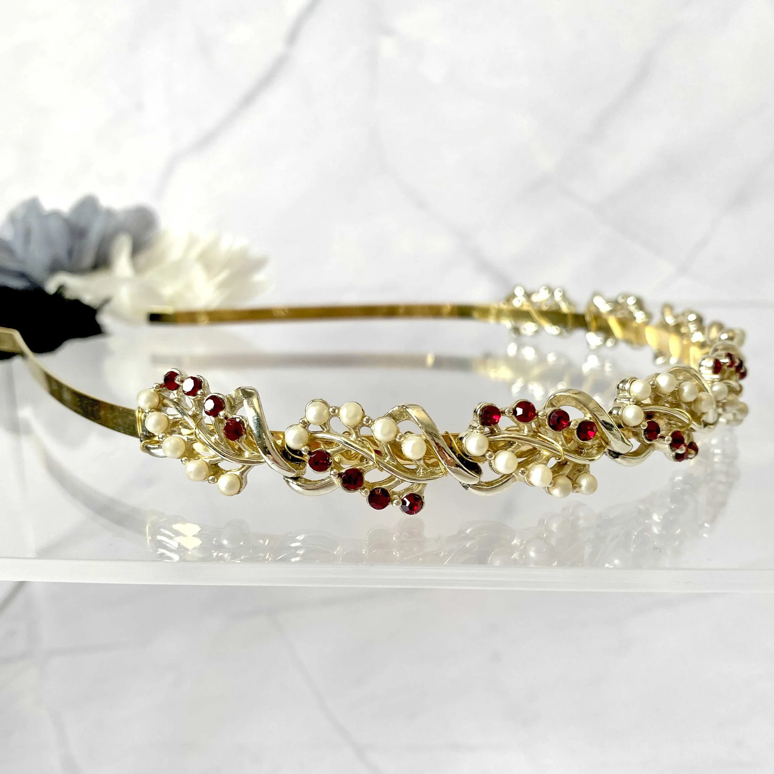vintage 1950s gold pearl ruby red jewelled bridal wedding head band