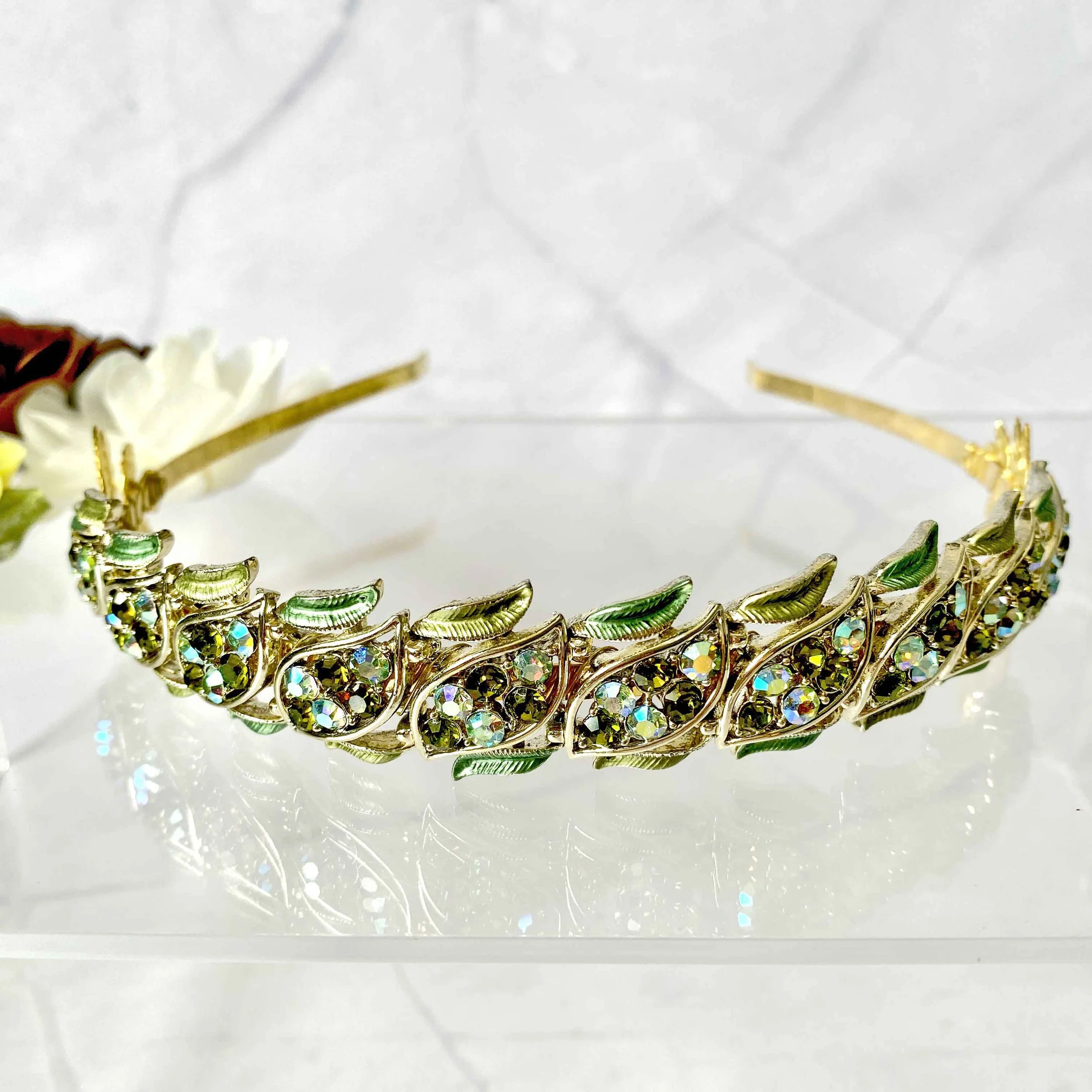 vintage 1950s olive green sage green jewelled bridal wedding hair band