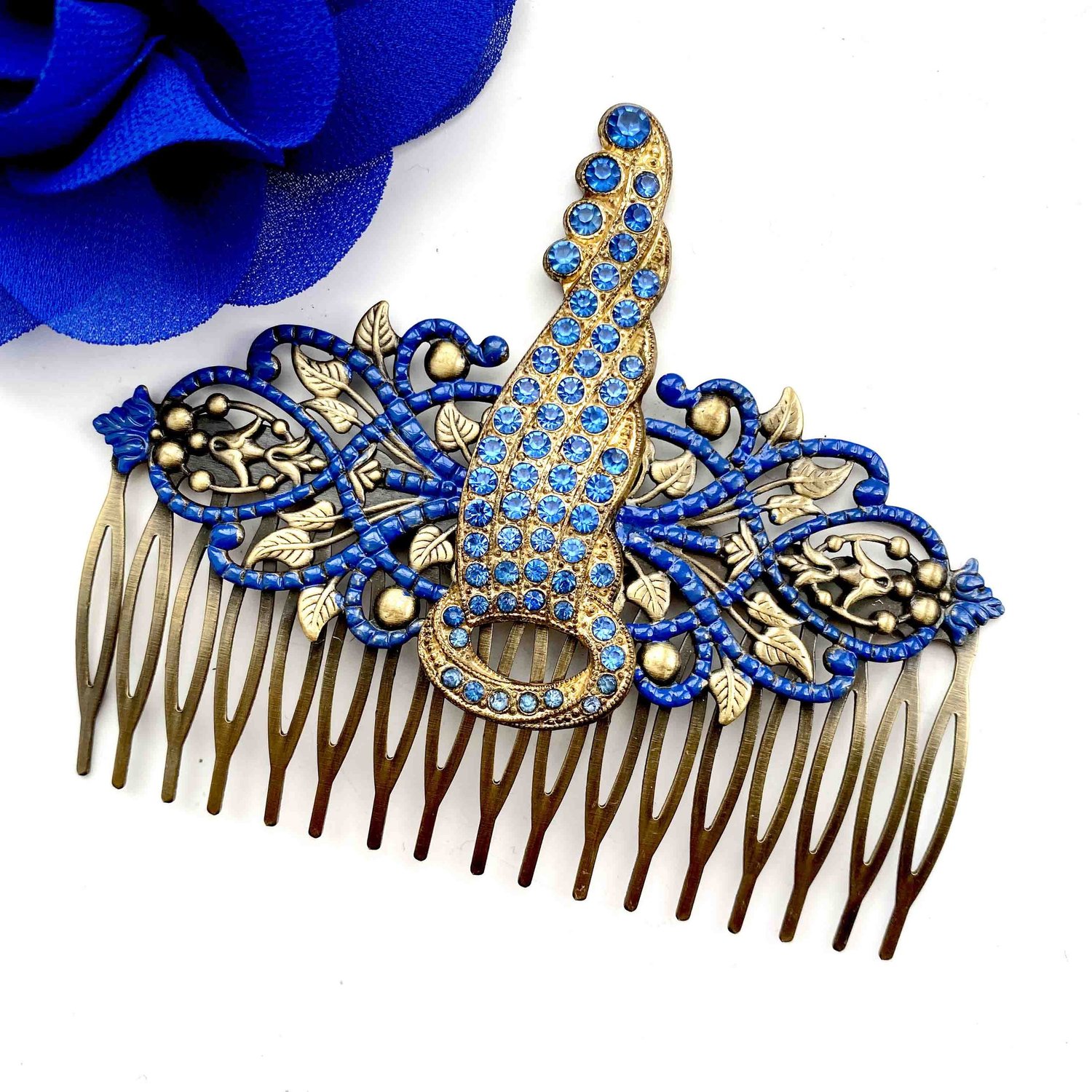 Extra Large Vintage Art Deco Gold and Blue Hair Comb  display picture 1