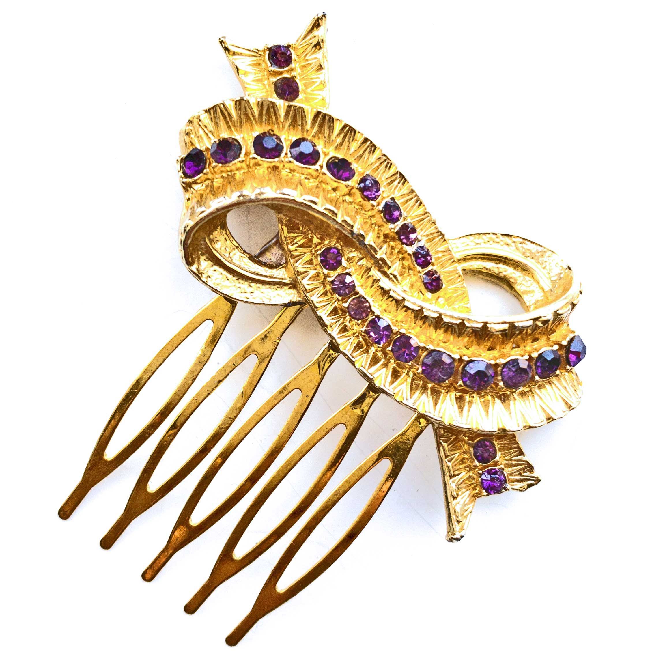 gold purple rhinestone antique hair comb