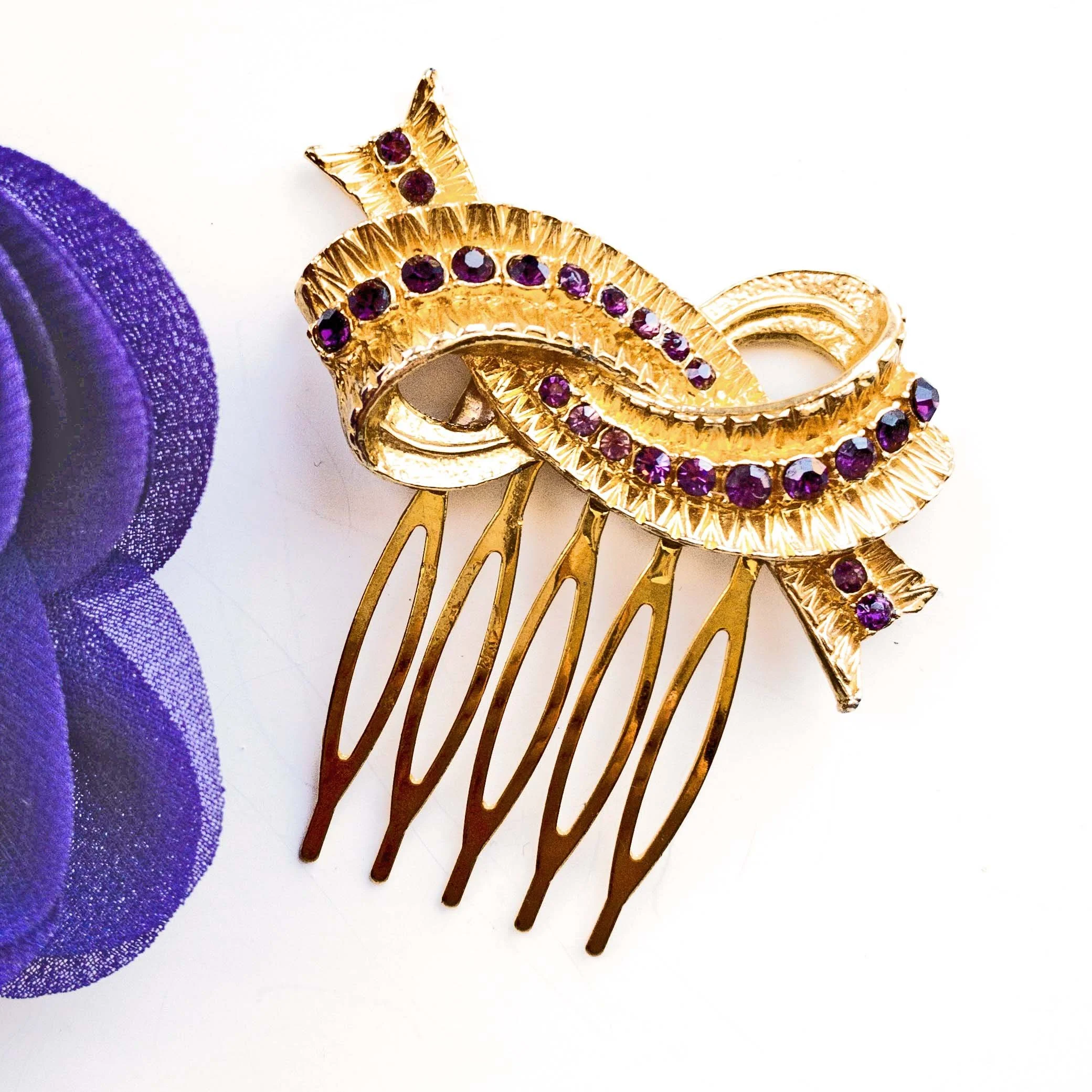 gold purple rhinestone vintage hair comb