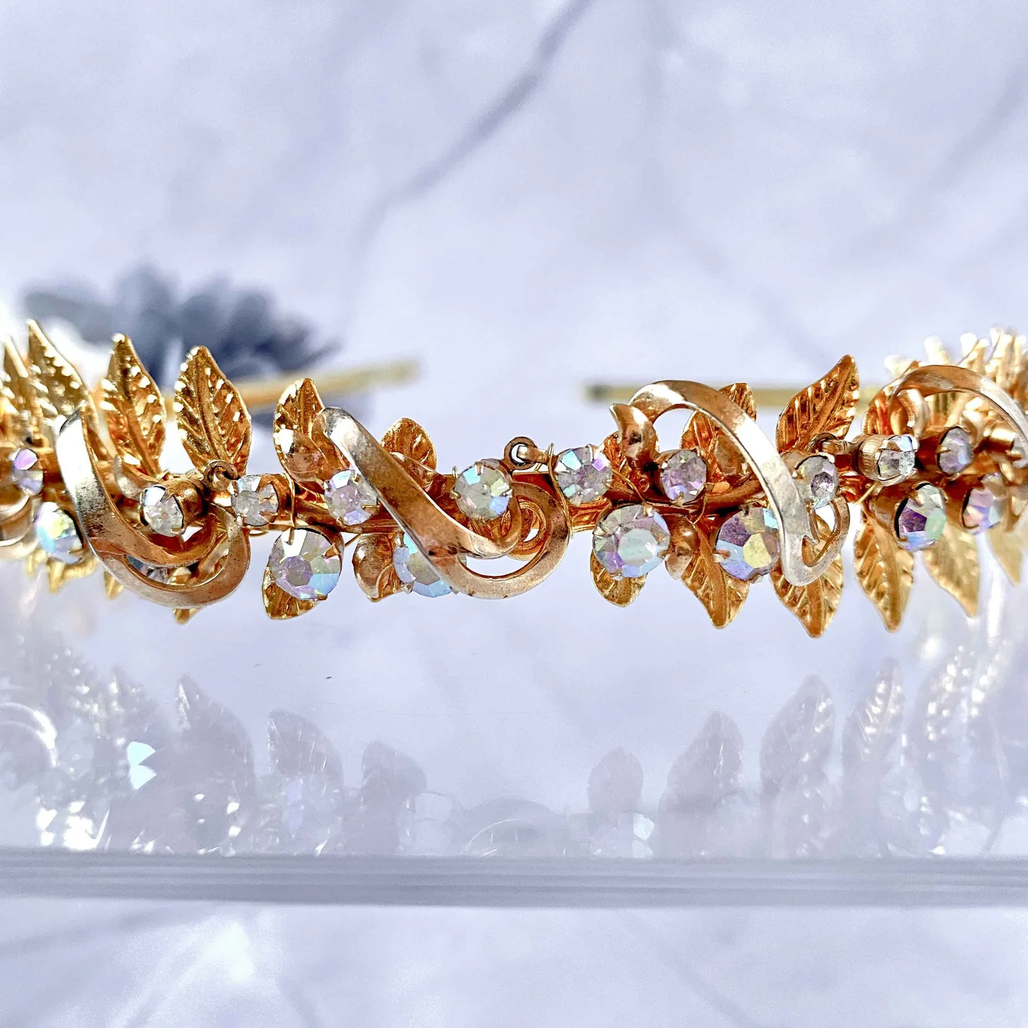 Vintage Gold Aurora Crystal Tiara 1950s Vintage Green Aurora Rhinestone Tiara - Vintage Hair  main image 2
