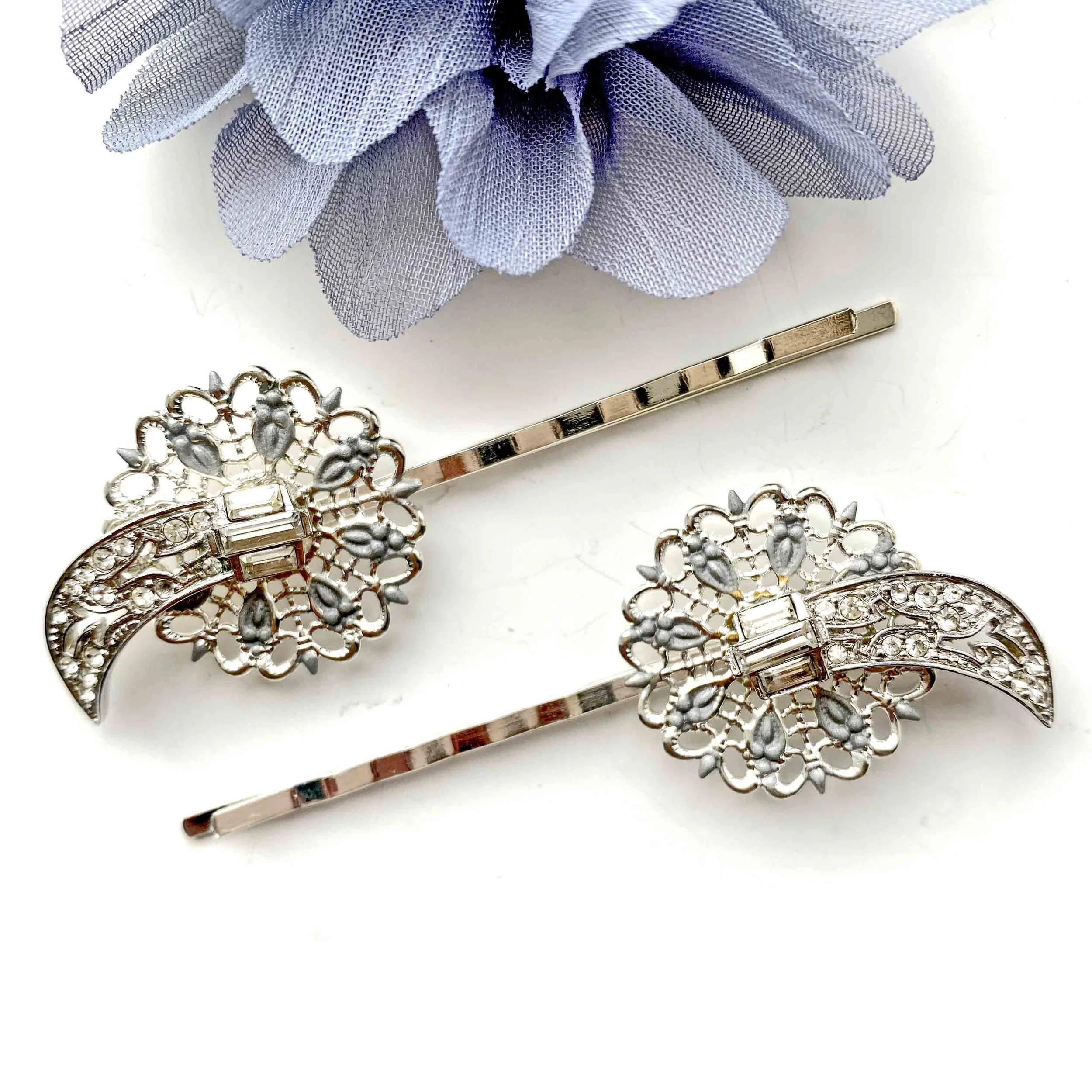 Pair Vintage 1950s Silver Jewelled Hair Pins VA737
