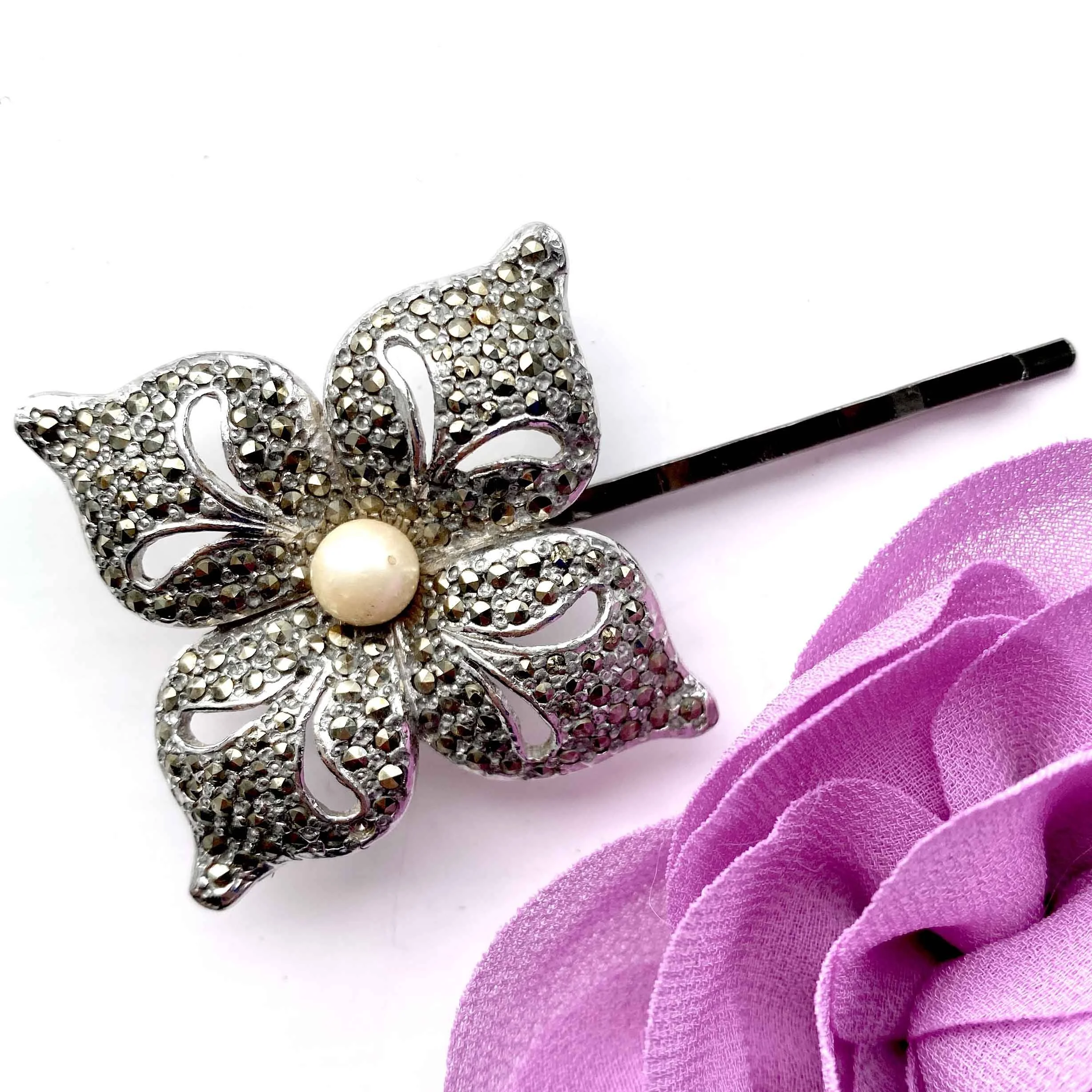 Single Vintage Silver Marcasite Flower Hair Pin VA770