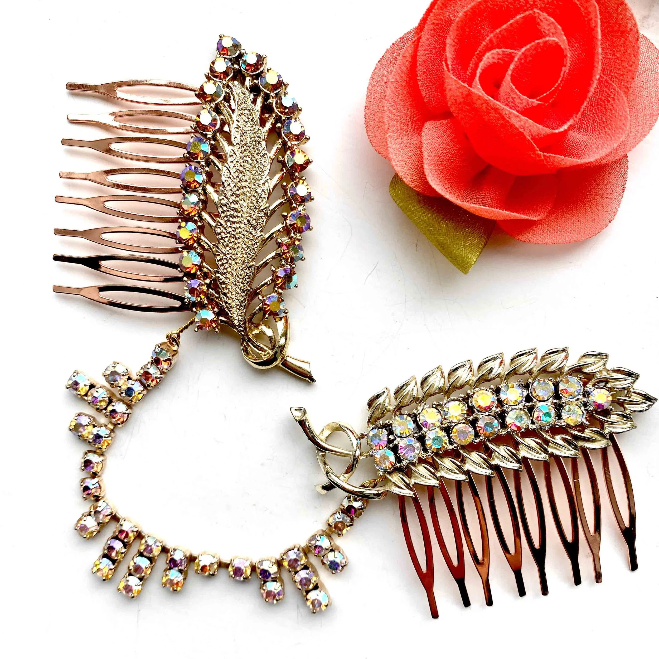 Vintage Rose Gold Blush Aurora Rhinestone Hair Vine VA778