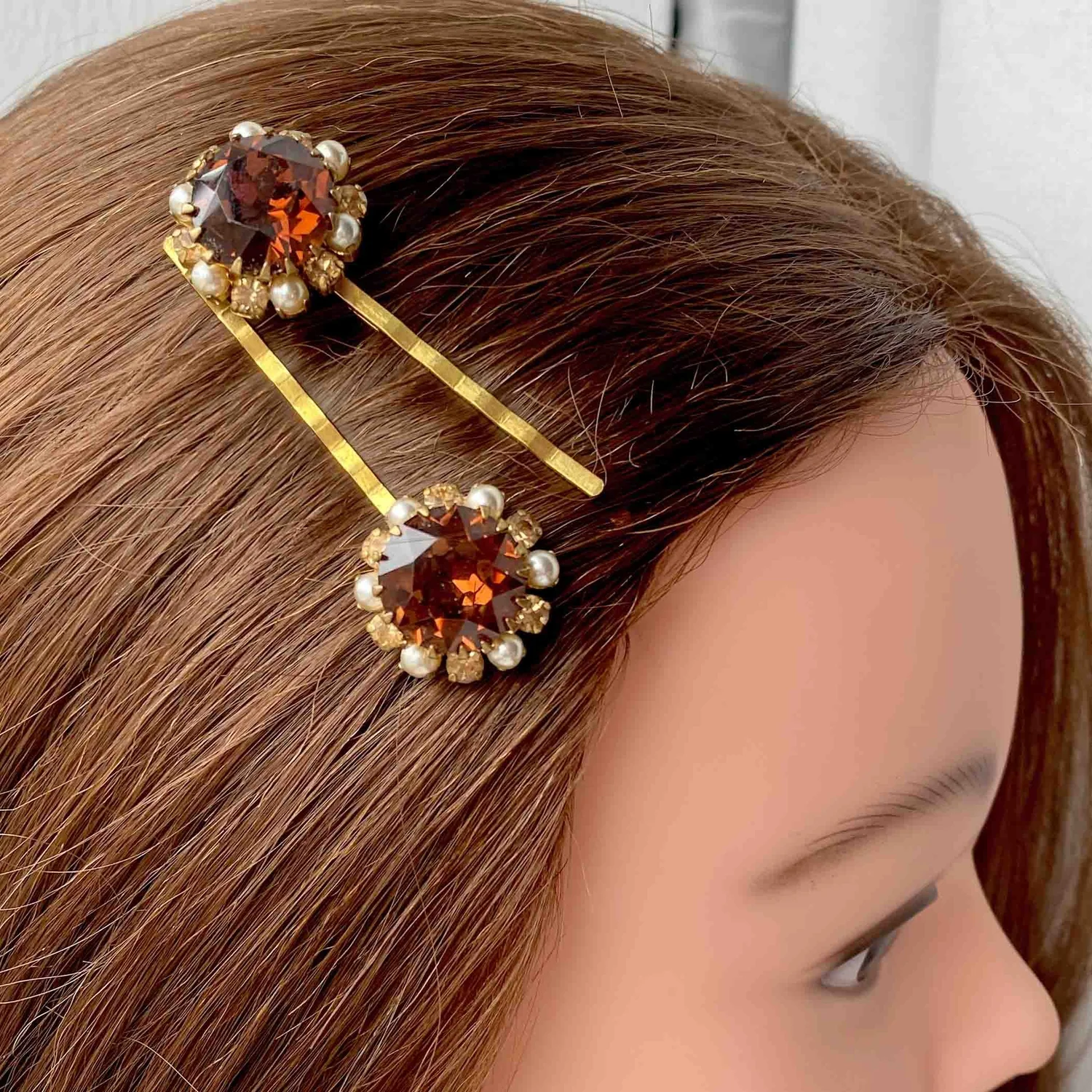 Vintage 1950s Amber Rhinestone Pearl Hair Pins — Vintage  display picture 2