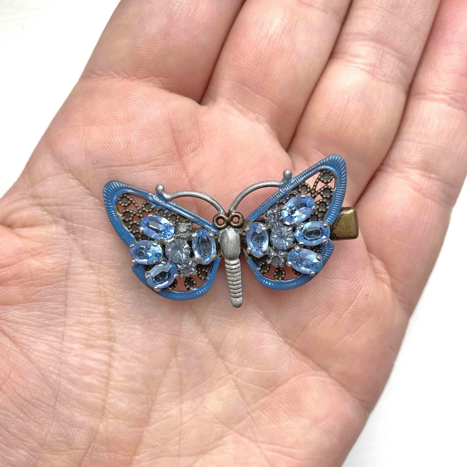 Vintage 1950s Blue Rhinestone Enameled Butterfly Hair Clip 