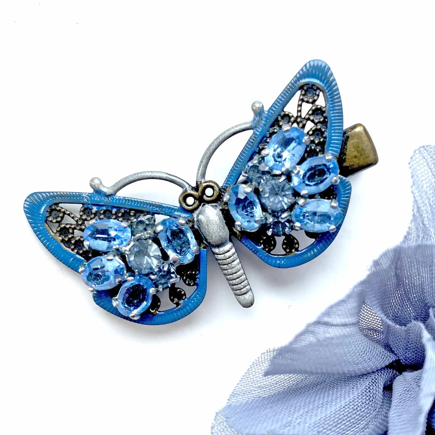 Vintage 1950s Blue Rhinestone Enameled Butterfly Hair Clip  display picture 1