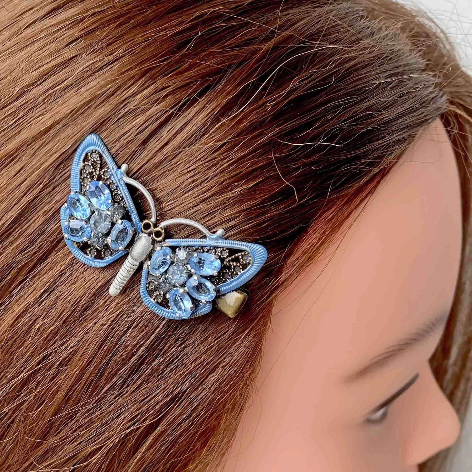 Vintage Silver and Blue Butterfly Hair Accessory Vintage 1950s Blue Rhinestone Enameled Butterfly Hair Clip  main image 2