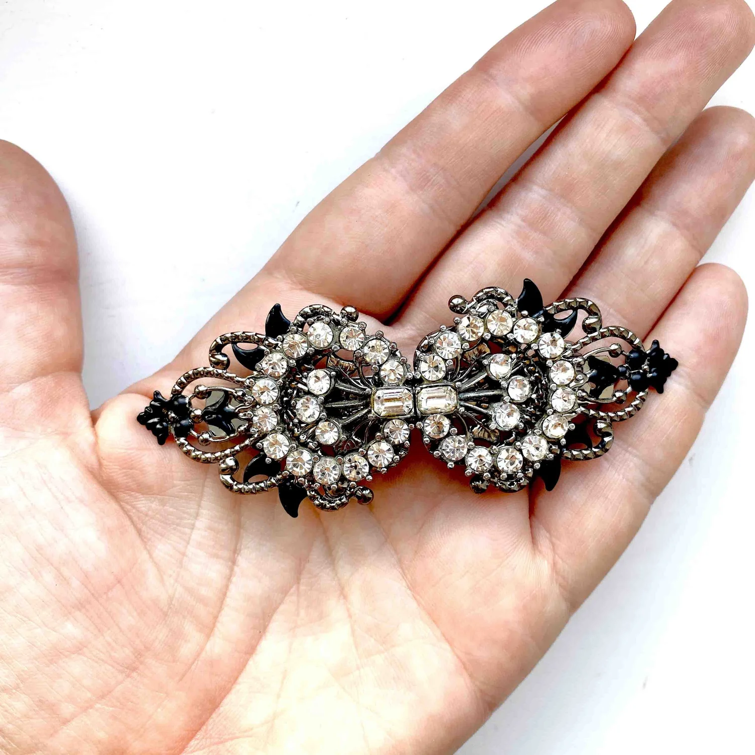 Vintage silver tone rhinestone and black stone barrette/Hair Clip made in france Vintage Riviera Rhinestone Metal & Acrylic Barrette France  main image 3