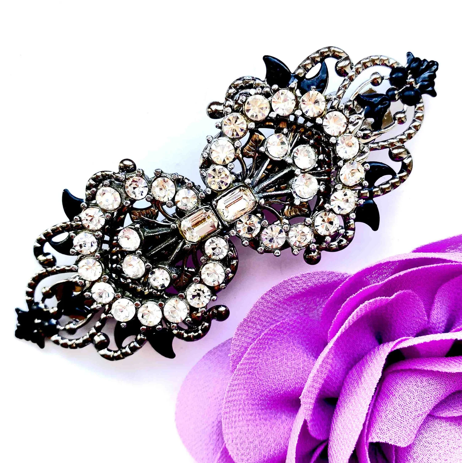 Vintage 1920s Black and Silver Rhinestone Hair Barrette  display picture 3