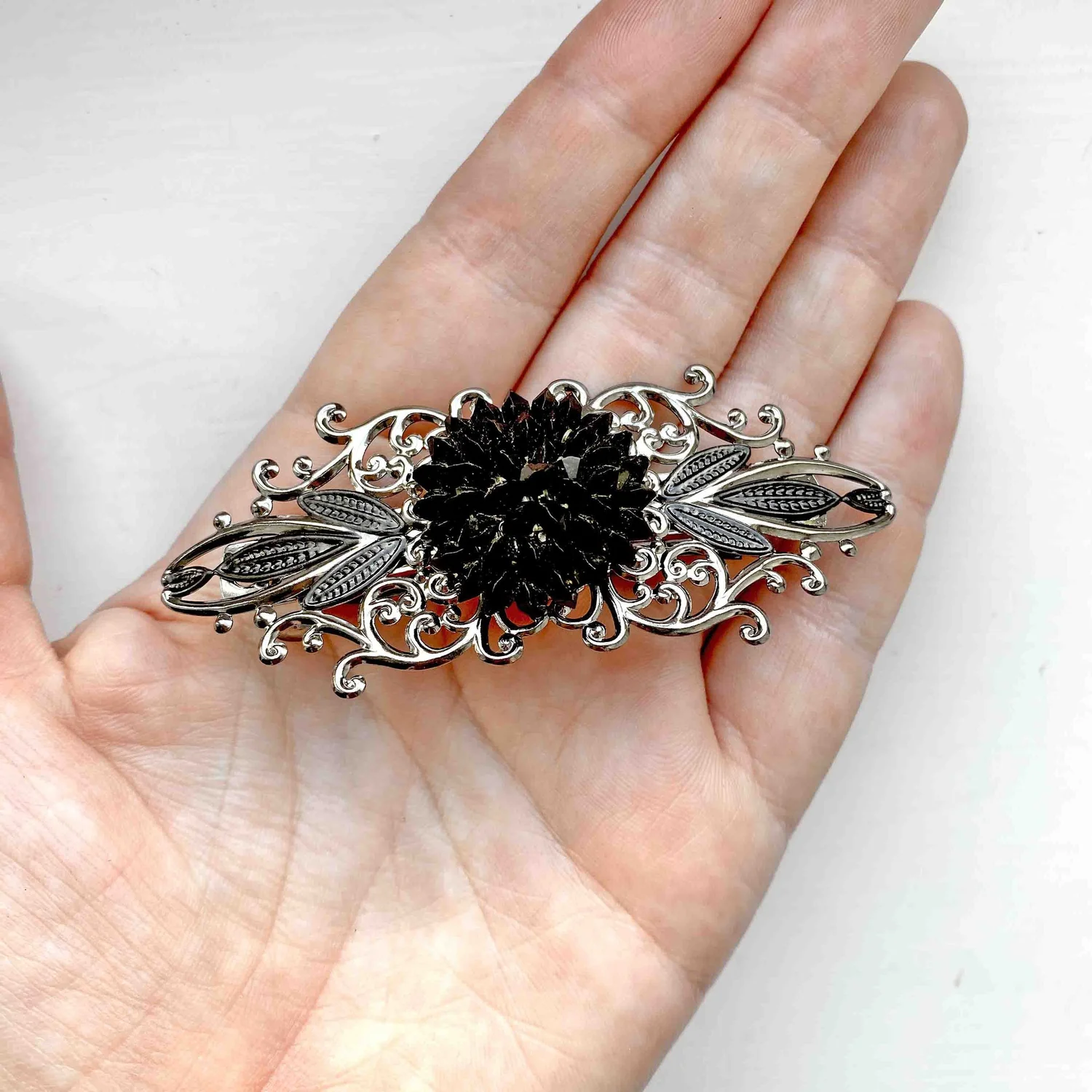 Vintage 1940s Gothic French Jet Black Silver Hair Barrette  display picture 1