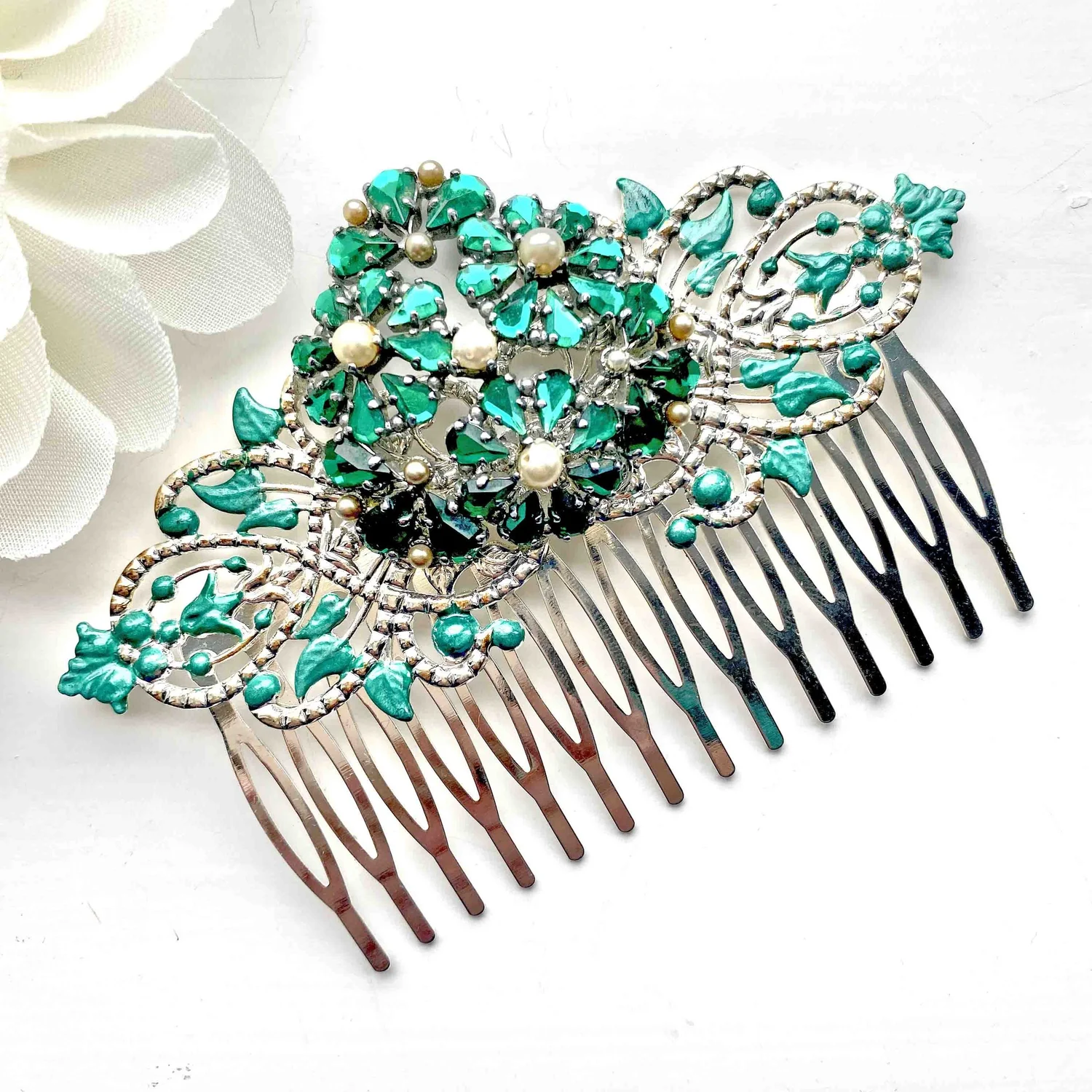 Vintage teal hair comb with matching hair clips Teal Crystal Double Comb Hair Clip, Handmade Beaded Hair  main image 3