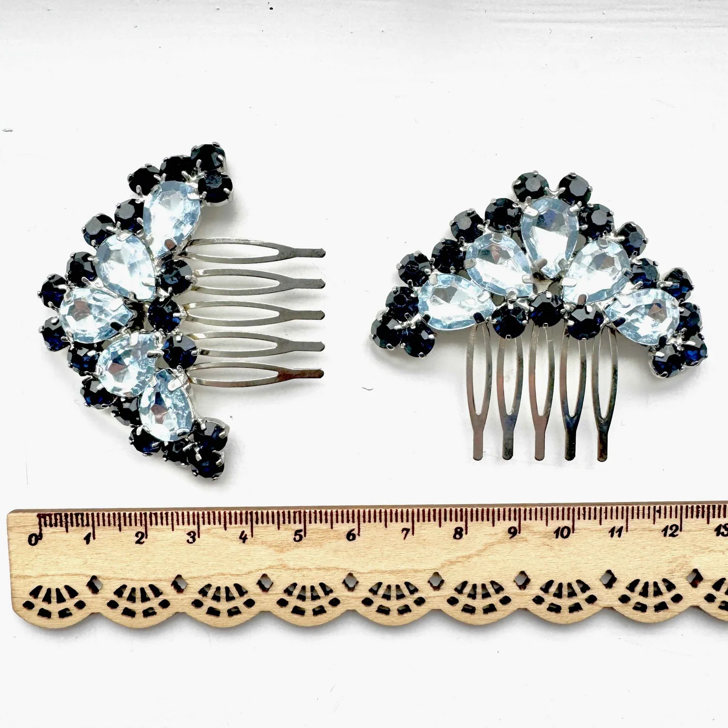 Antique Blue Rhinestone Black Hair Comb Pair Vintage 1950s Sapphire Blue Rhinestone Hair Combs  main image 2
