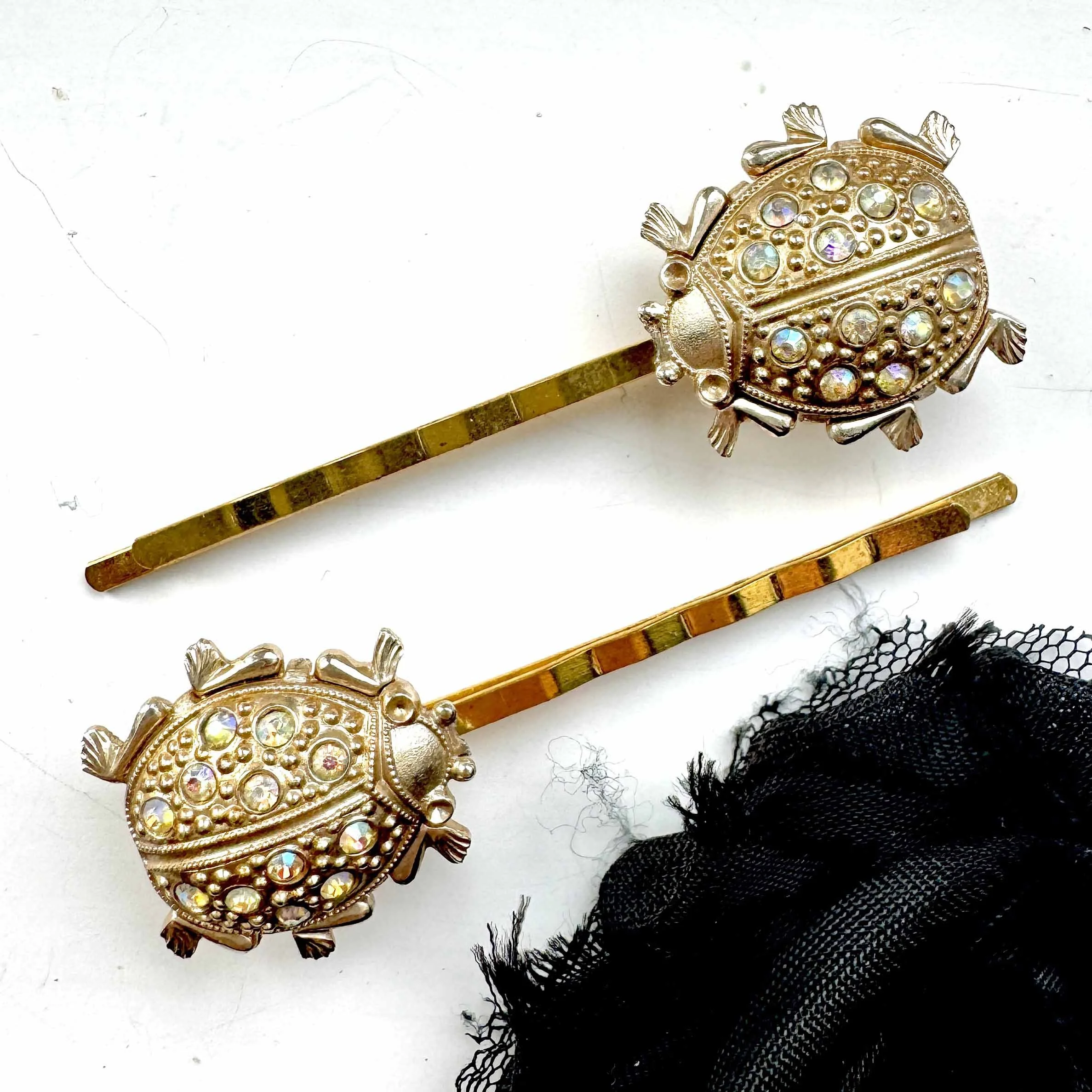 vintage 1950s aurora rhinestone jewelled ladybird hair clips