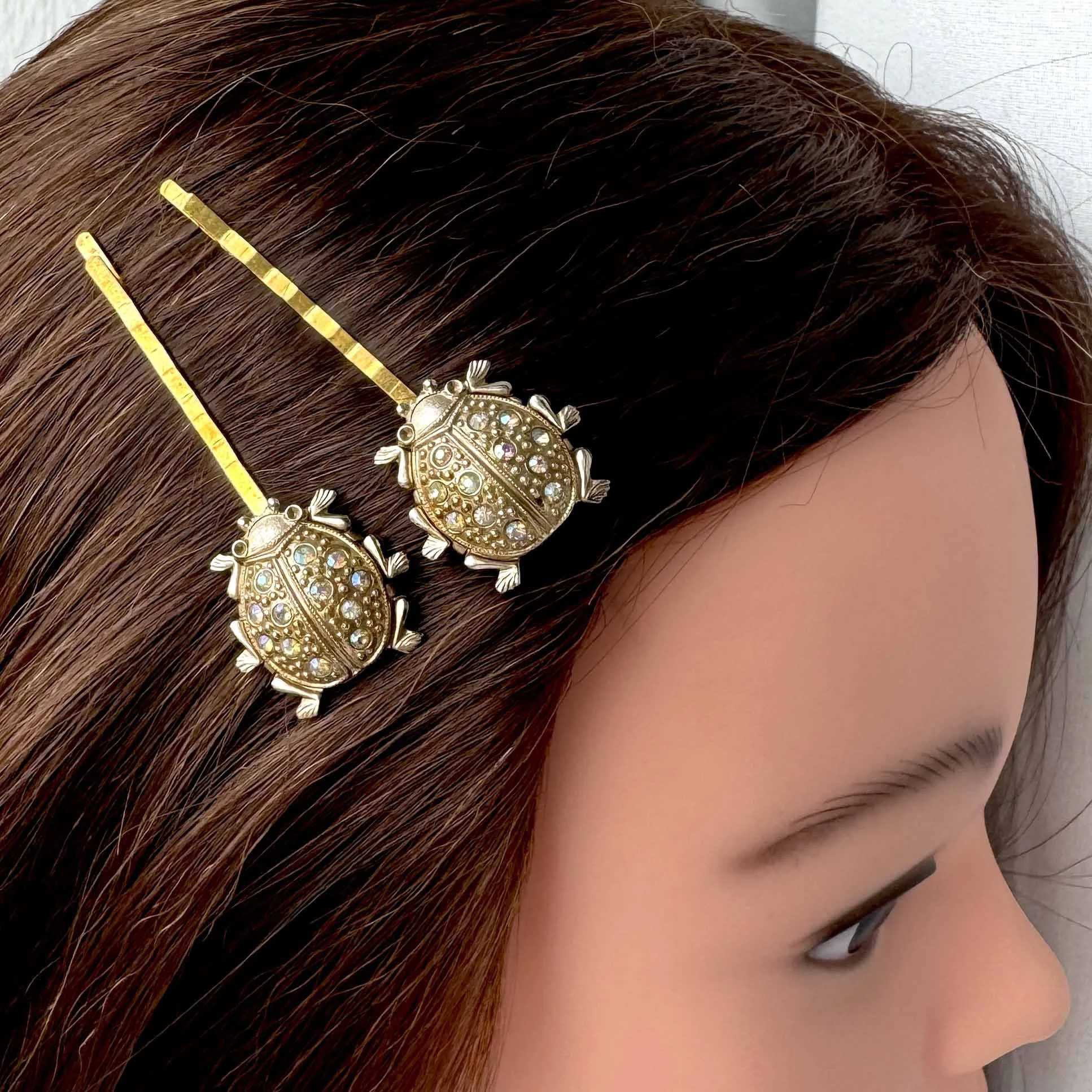 vintage 1950s aurora rhinestone jewelled ladybird hair clips