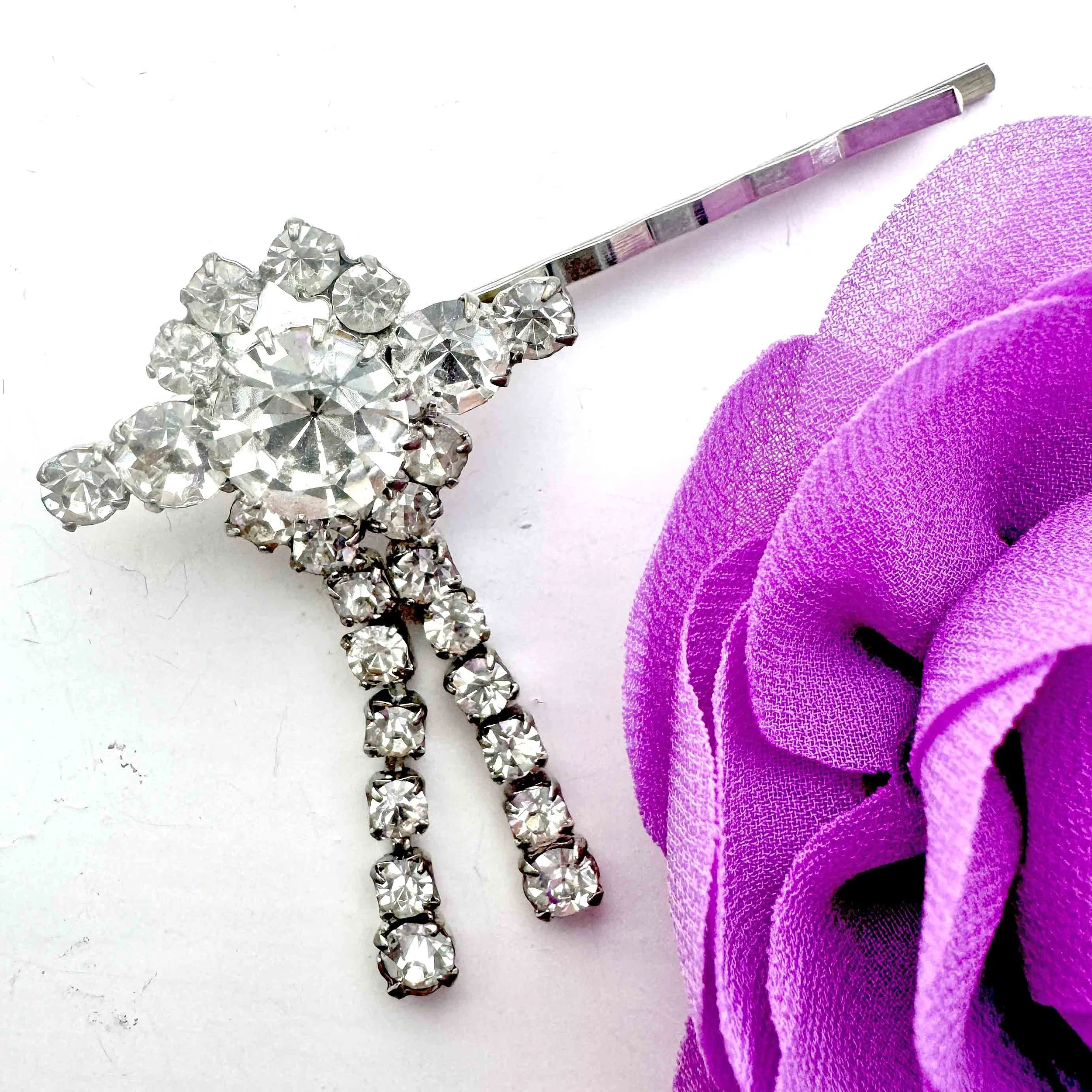 Single Vintage Silver Art Deco Jewelled Hair Pin VA915