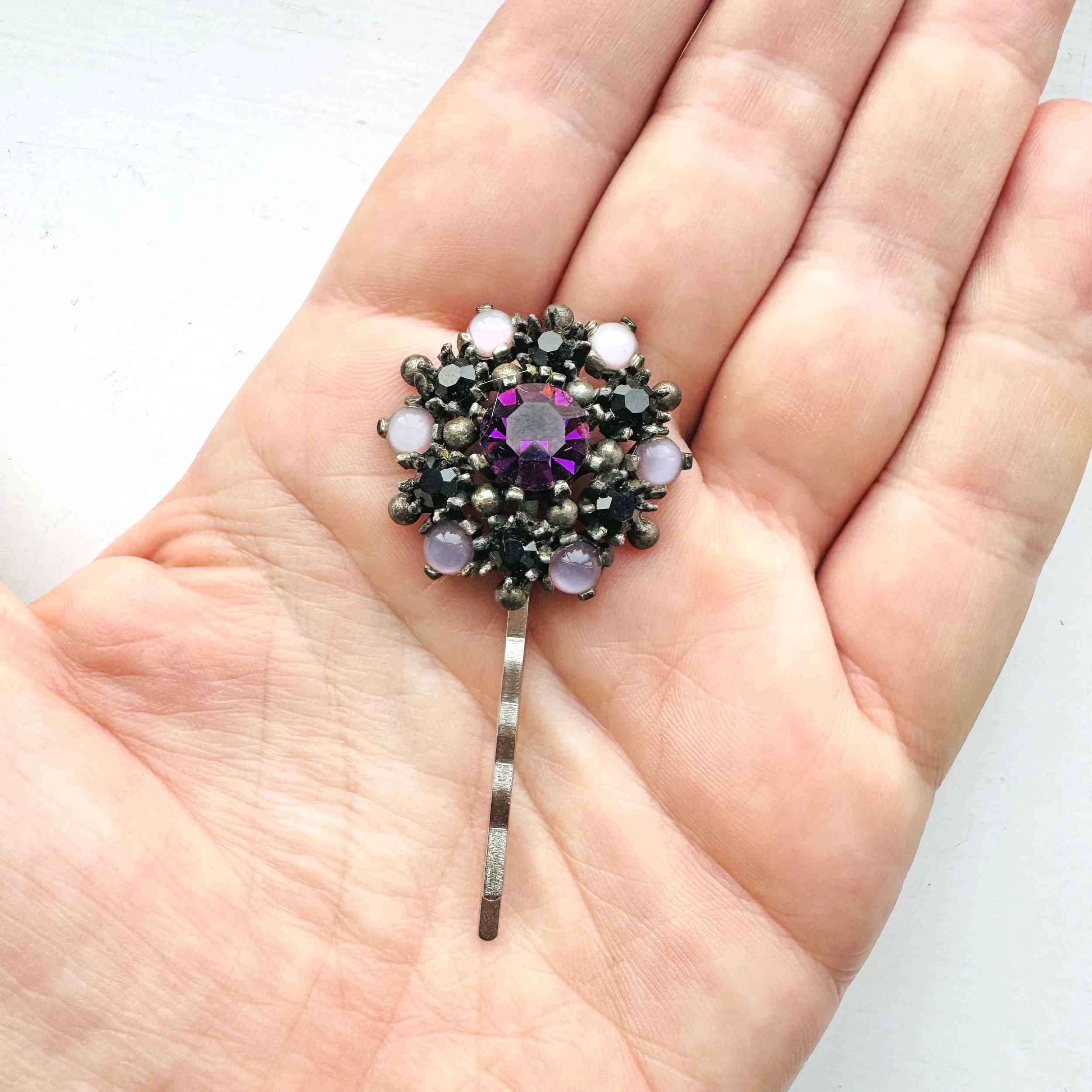 1950s Vintage Purple Jewelled Flower Hair Slide - vintage hair accessories