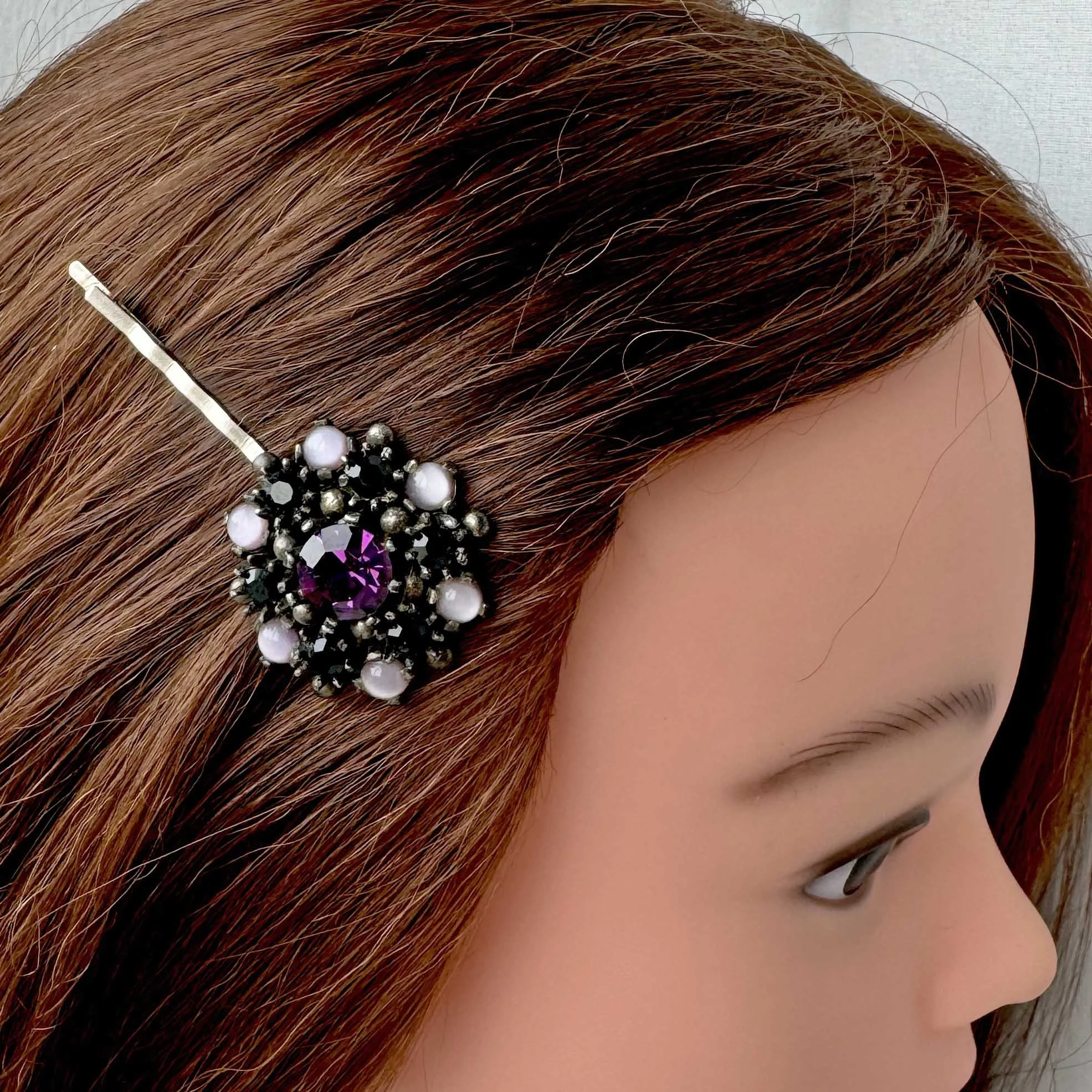 1950s Vintage Purple Jewelled Flower Hair Clip - vintage hair accessories