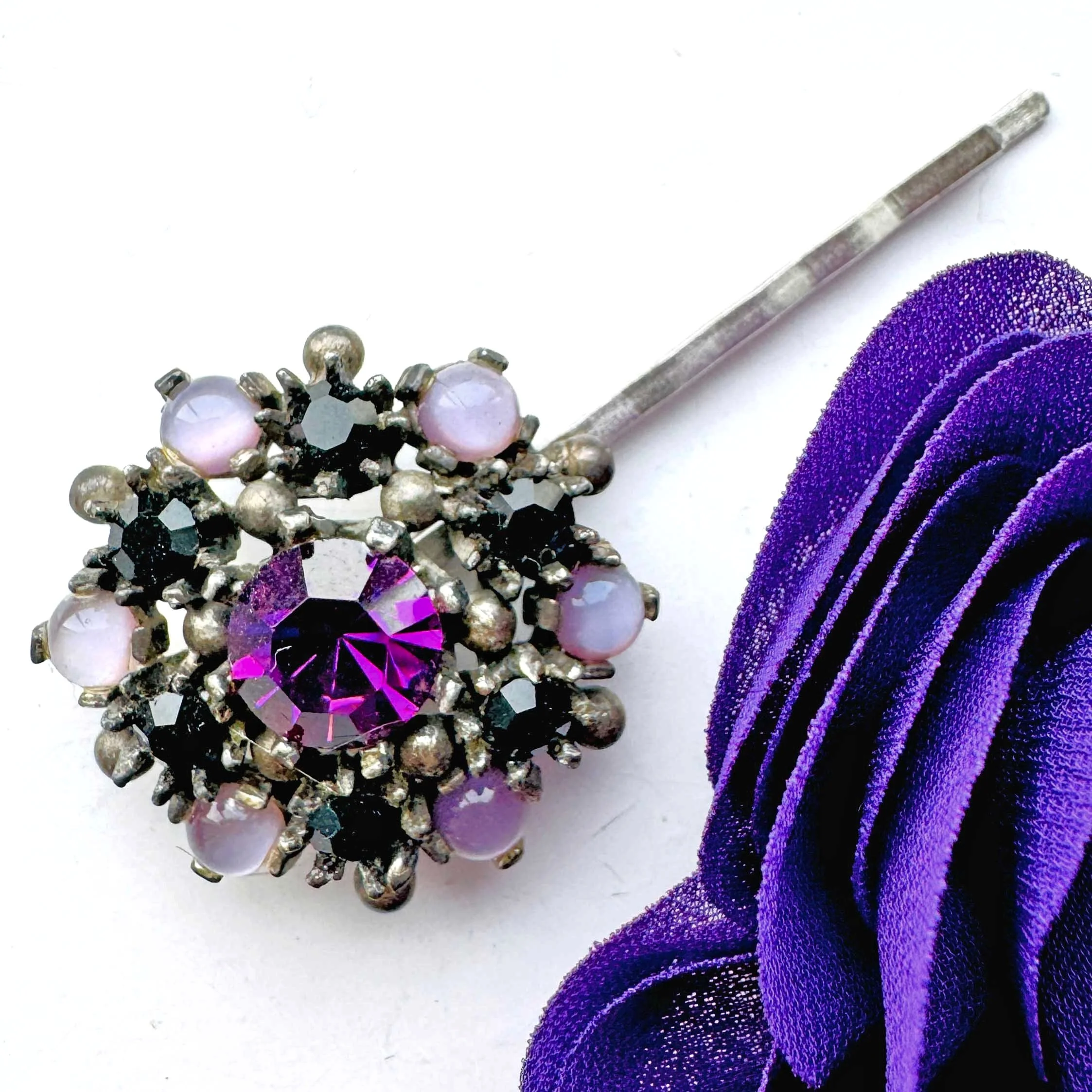 1950s Vintage Purple Jewelled Flower Hair Pin - vintage hair accessories