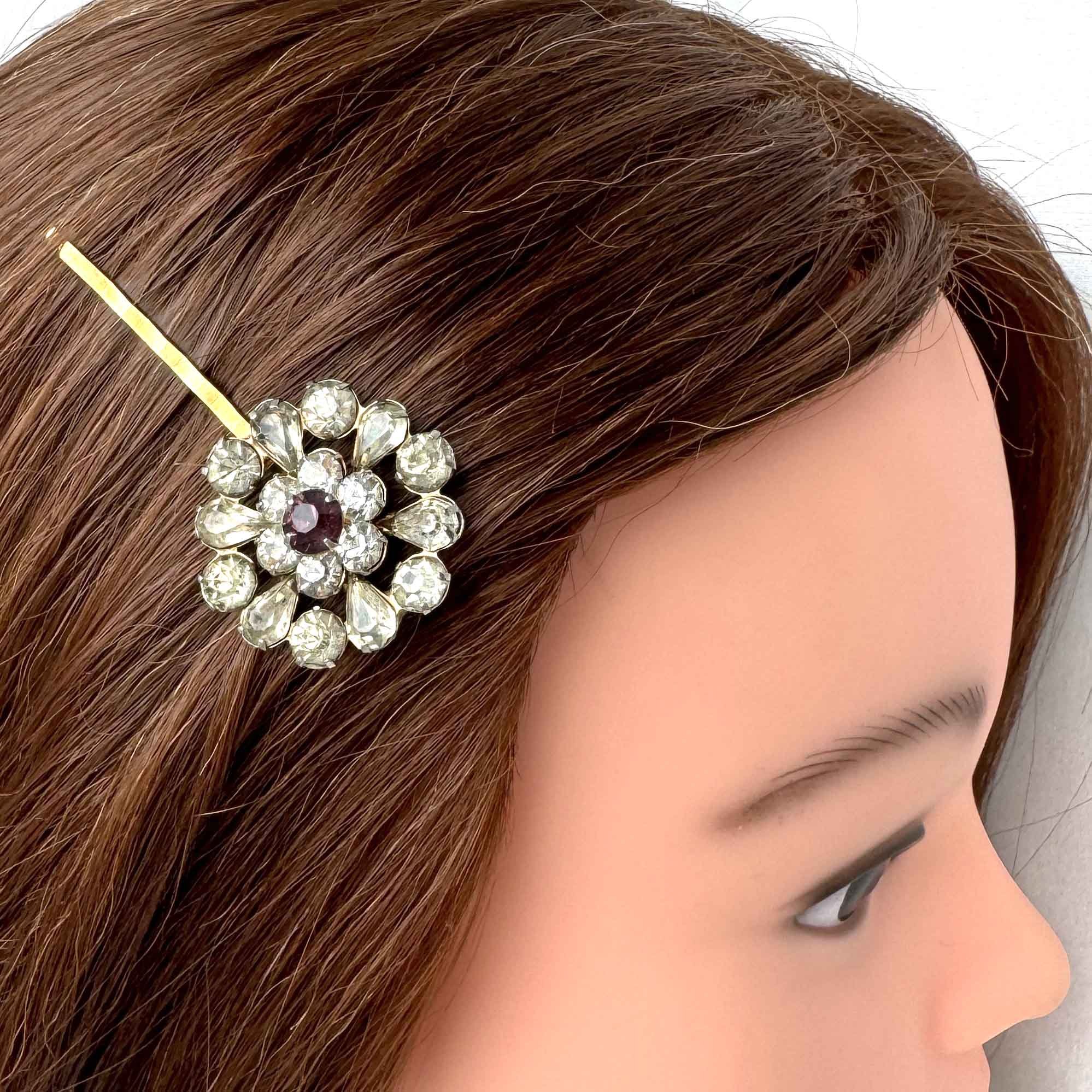 1940s Vintage Purple Rhinestone Flower Hair Clip