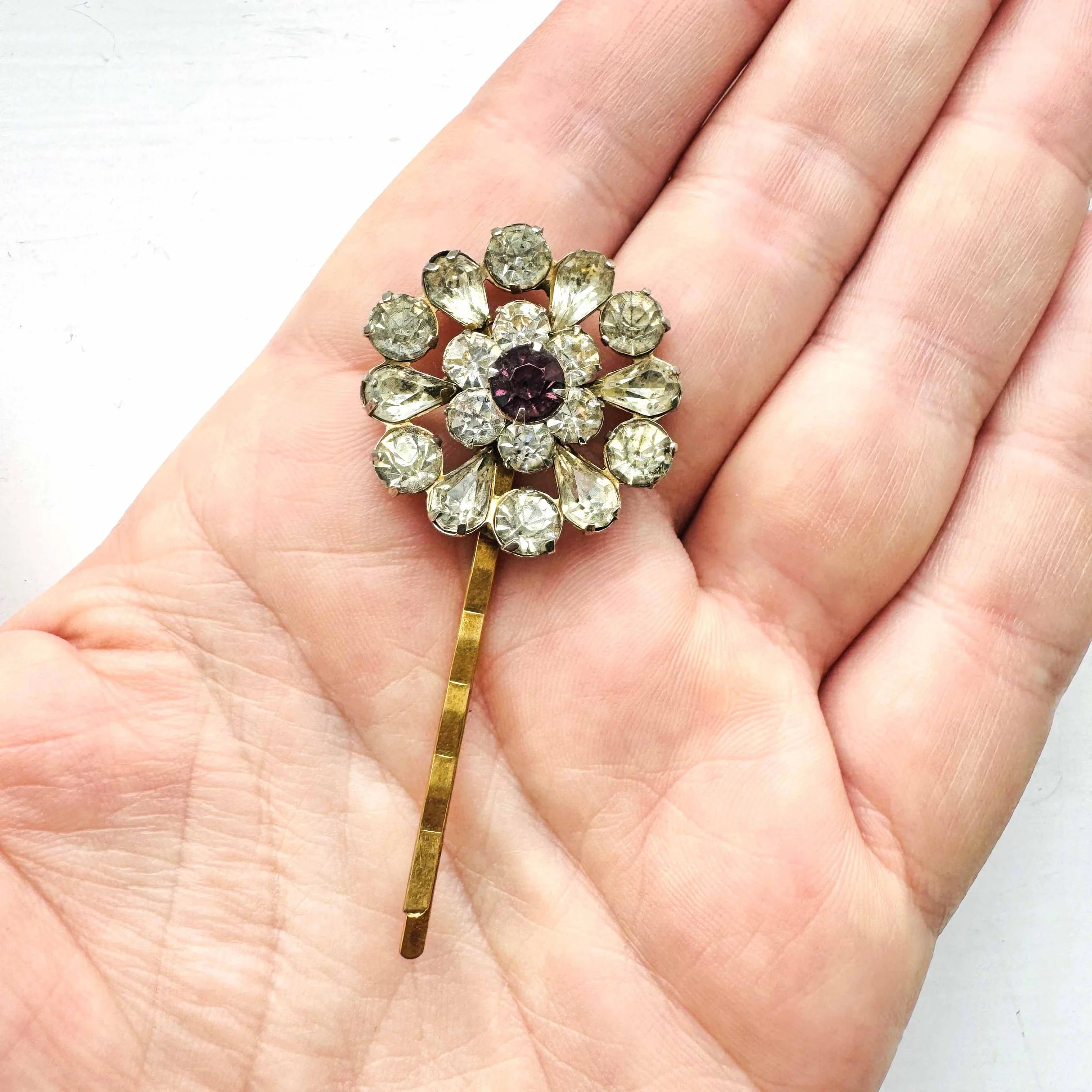 1940s Vintage Purple Rhinestone Flower Hair Slide