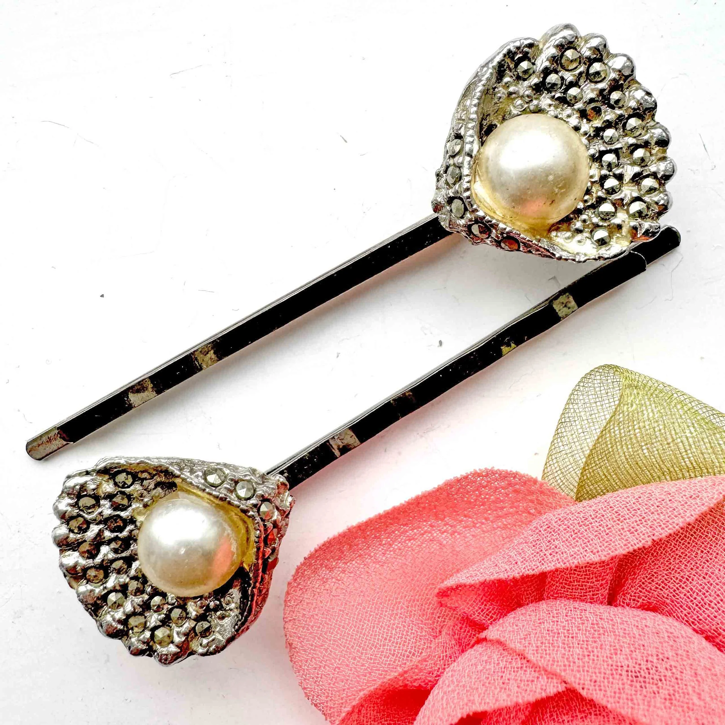 1930s Vintage Marcasite and Pearl Shell Hair Pins - vintage hair accessories