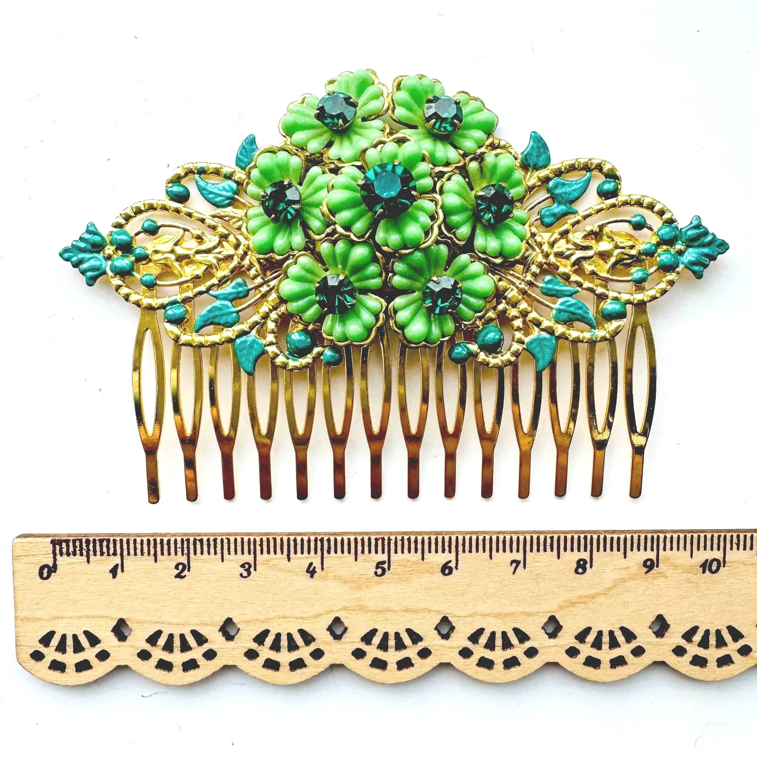 1930s Vintage Hand-painted Green Jewelled Flower Hair Comb 