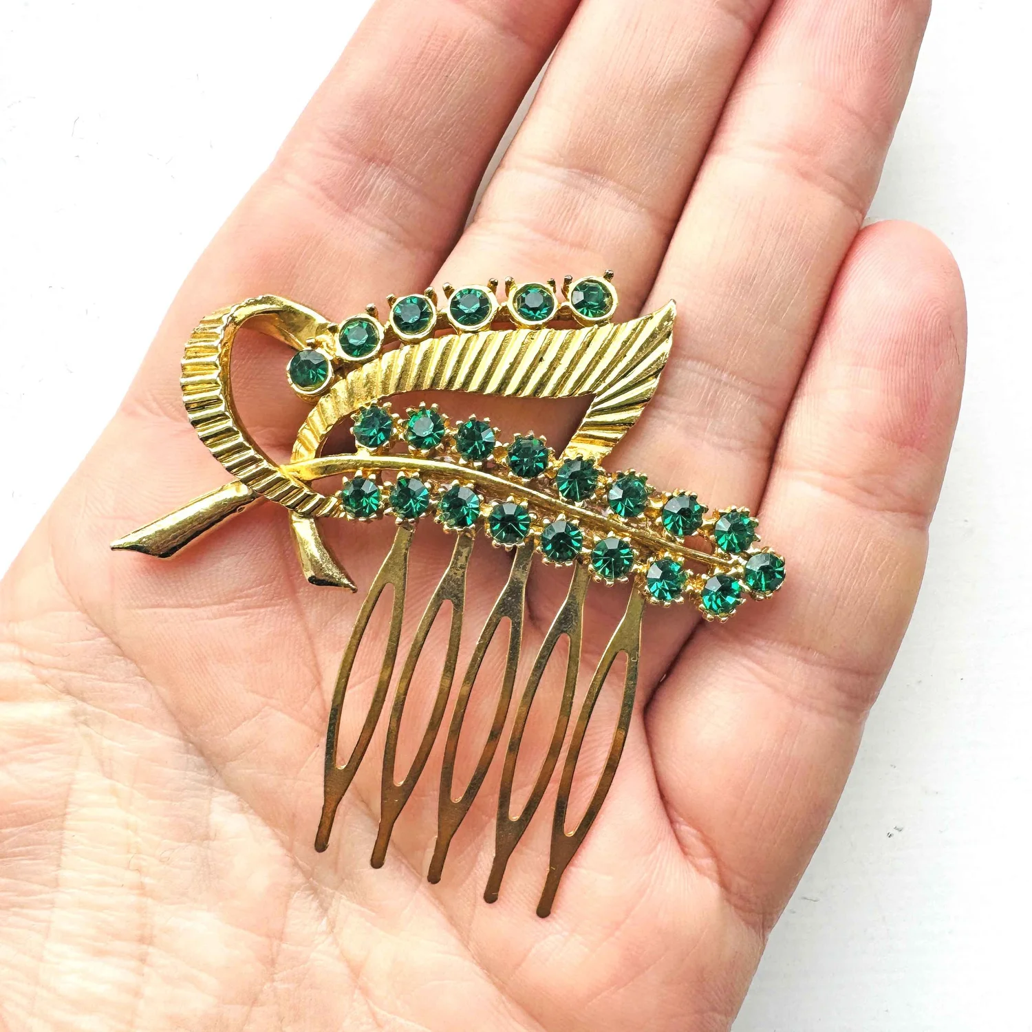 1950s Vintage Emerald Green Rhinestone Leaf Hair Comb  display picture 1