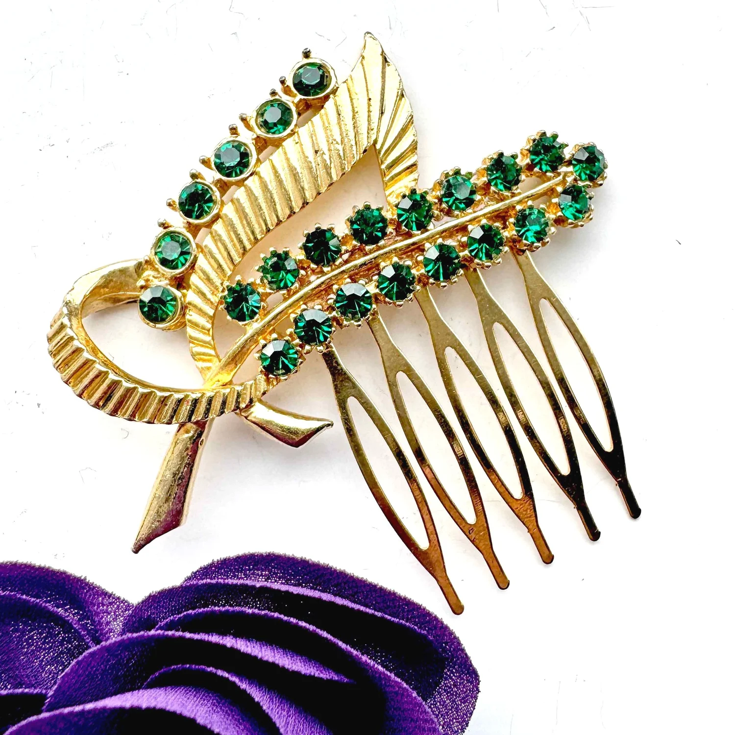 1950s Vintage Emerald Green Rhinestone Leaf Hair Comb  display picture 3