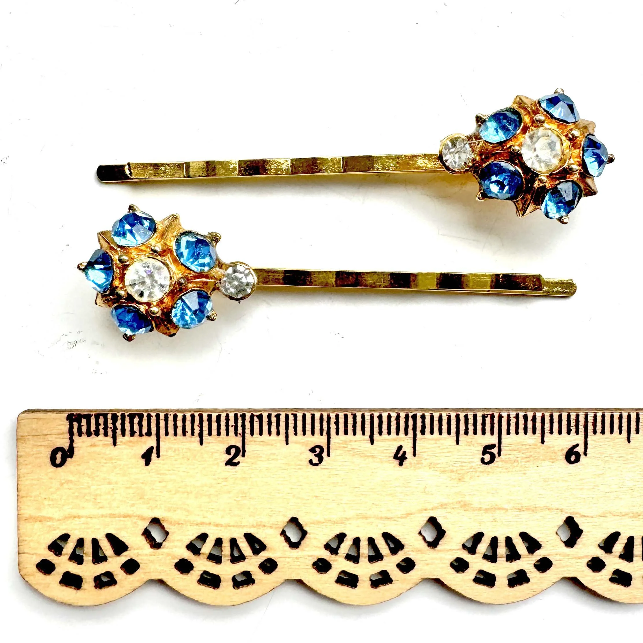 vintage 1950s gold blue jewelled hair clips