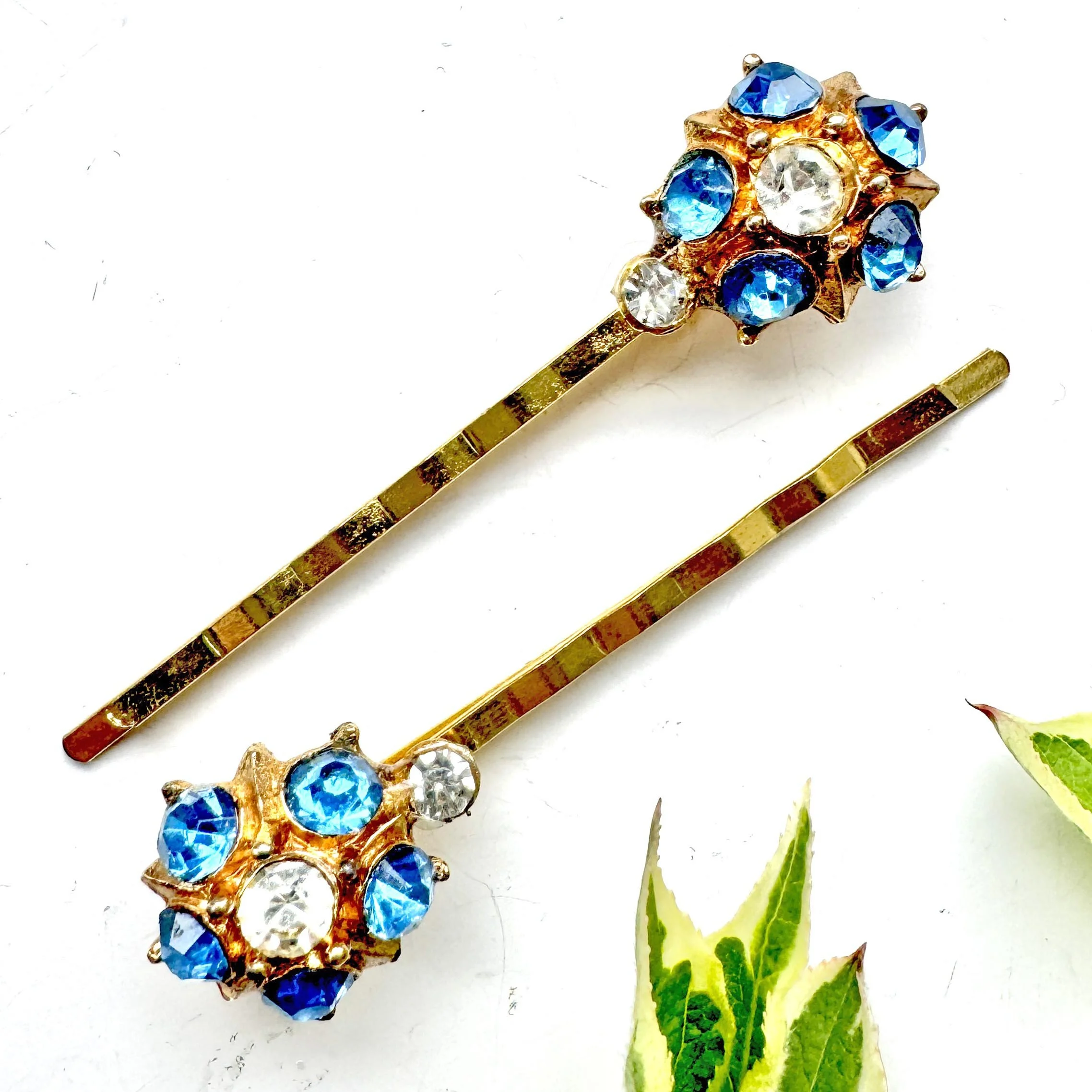 vintage 1950s gold blue jewelled bobby pins
