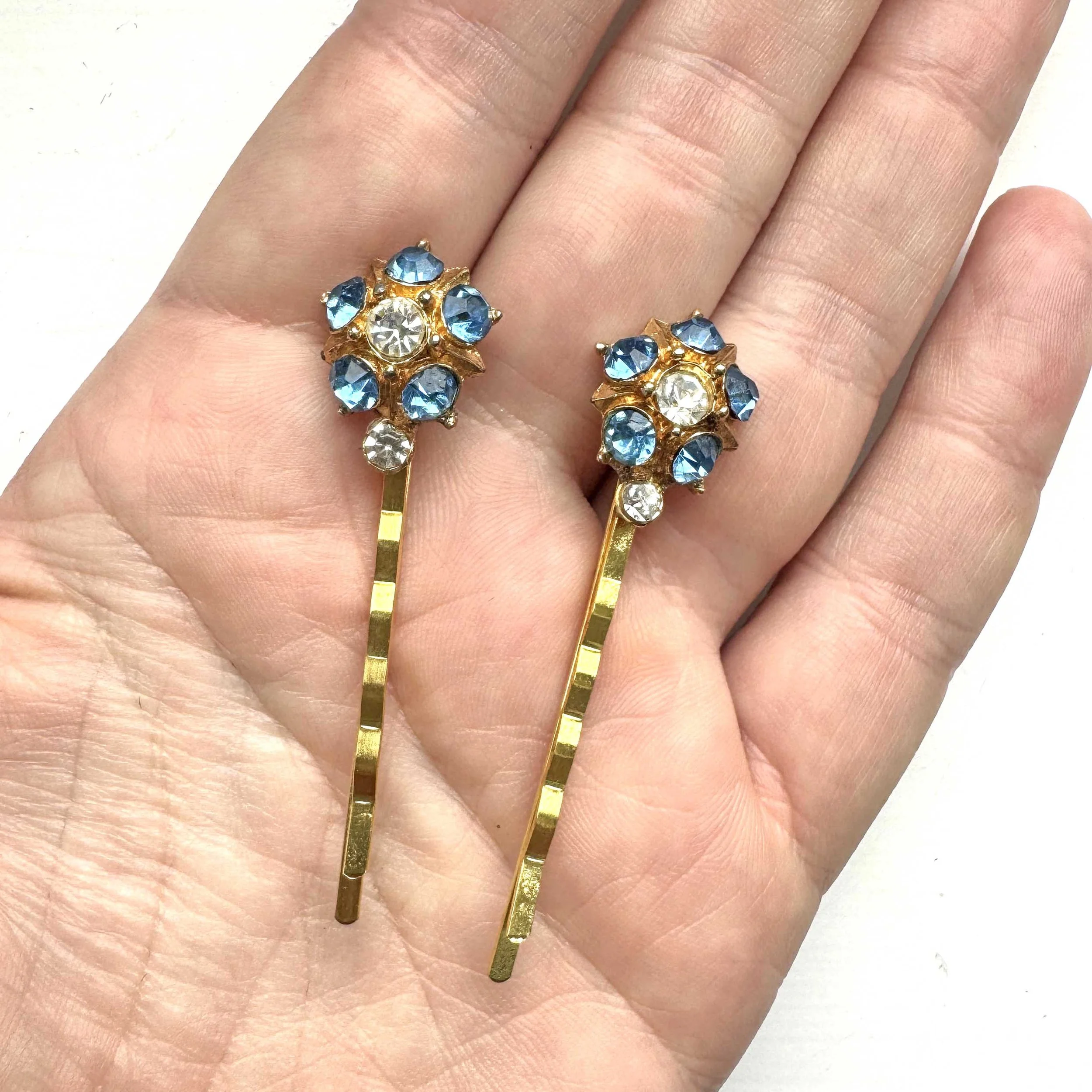 vintage 1950s gold blue flower hair pins