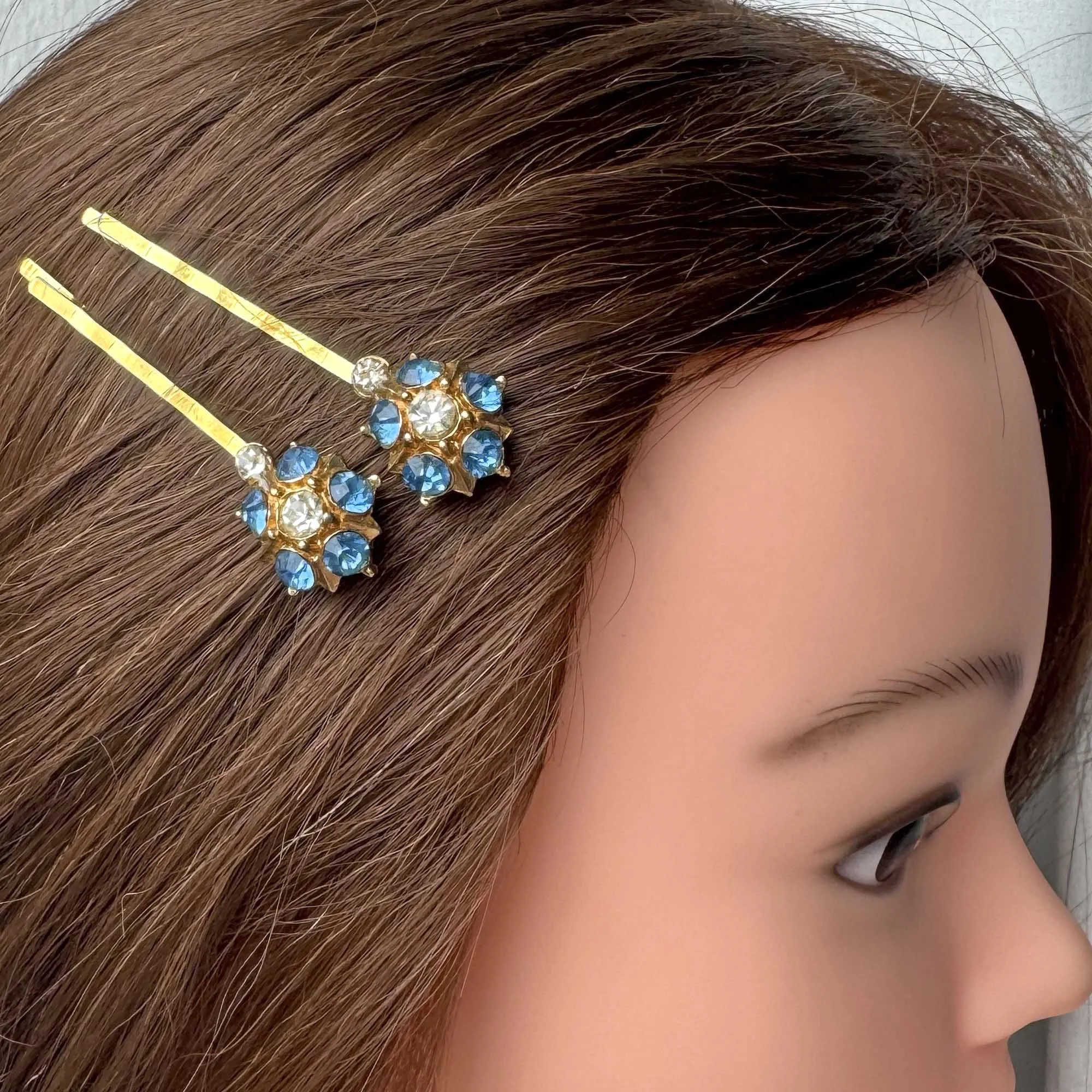 vintage 1950s gold blue jewelled hair slides
