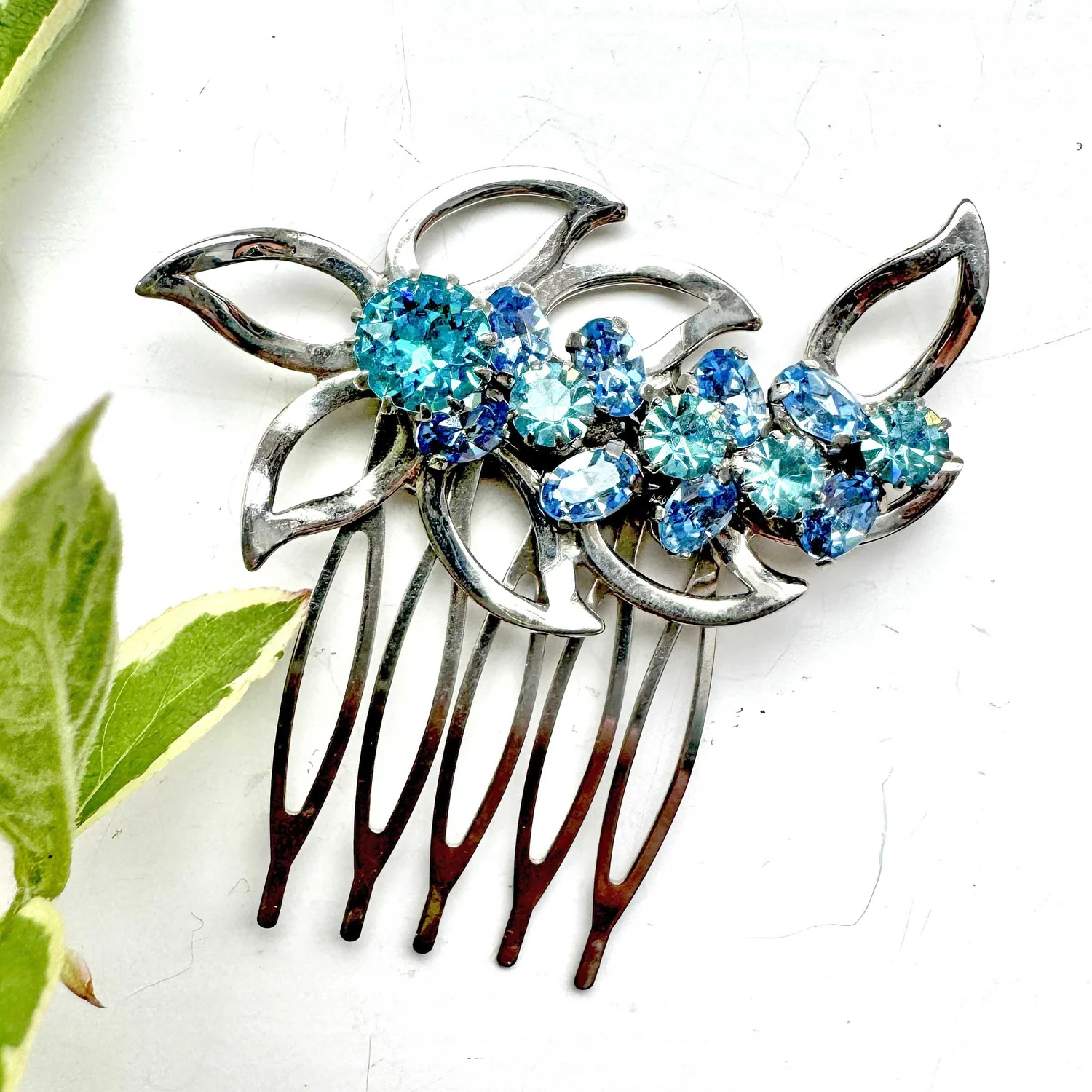Petite Vintage Hand Painted Hair Comb Blue Rhinestones Art Deco Celluloid Hair Comb Teal Blue Sapphire Rhinestones  main image 2