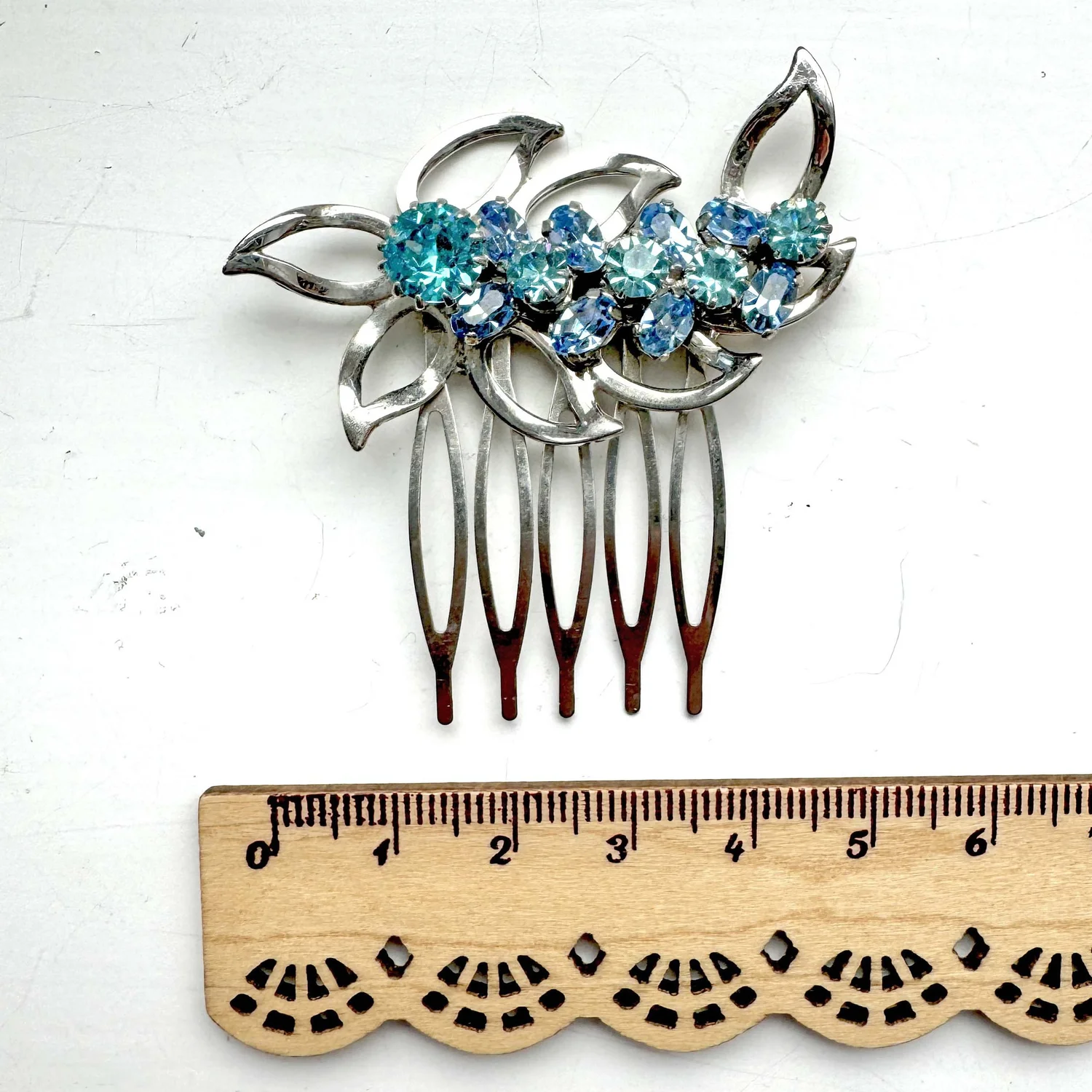 VTG Ice Blue Rhinestone Hinged Hair Comb ❄️ Art Deco Celluloid Hair Comb Teal Blue Sapphire Rhinestones  main image 2