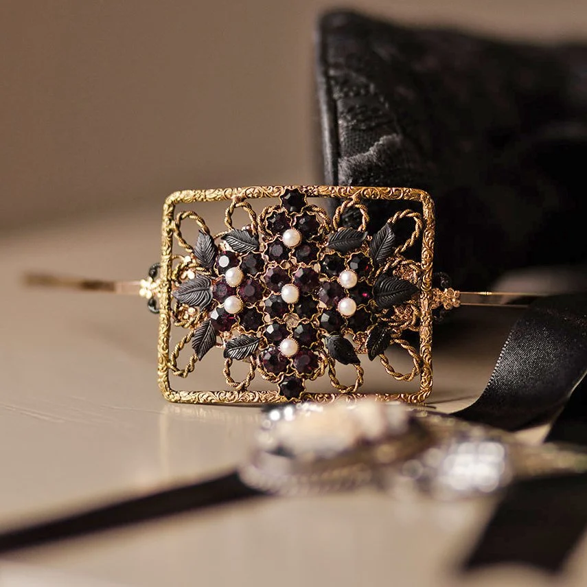 black and purple antique headpiece, vintage hair accessories