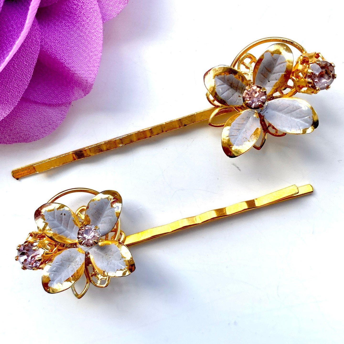 Spring hair accessories. Flowers in your hair for Spring doesn't have to be hard work - these will never wilt and don't need watering! Vintage hair pins made from genuine 1930s lilac flower jewellery with purple rhinestone centres -available in my Et