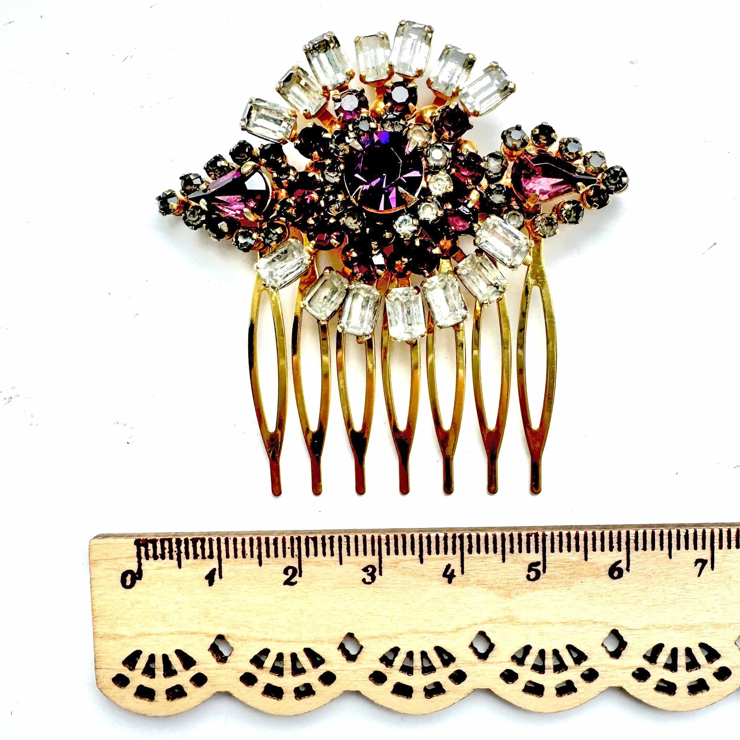 1950s antique purple rhinestone jewelled hair slide