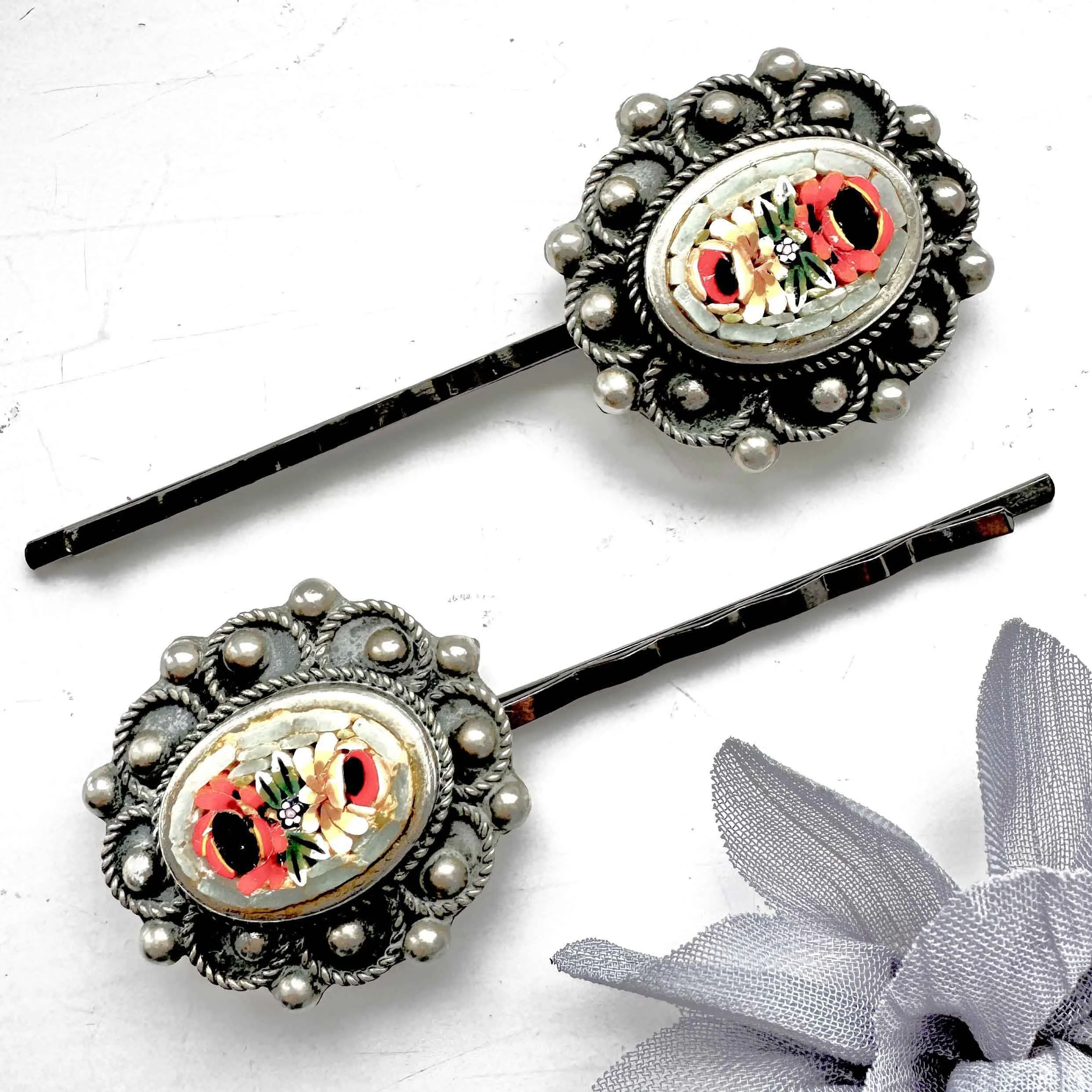 Vintage 1930s Micromosaic Floral Hair Pins