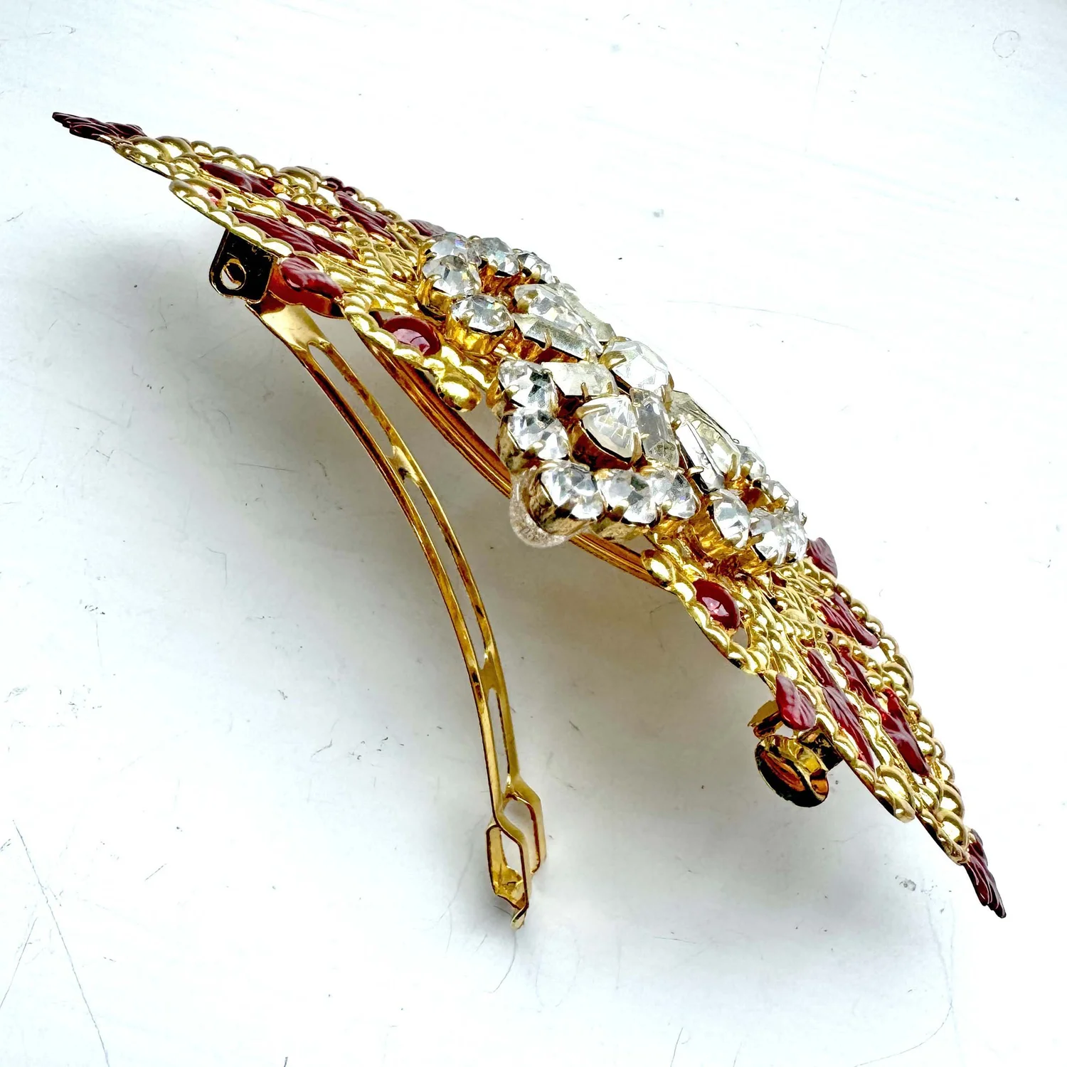Vintage jeweled hair barrette with red crystals, made in France ?? Vintage 1950s Red Gold Jewelled Hair Barrette - vintage hair  main image 2