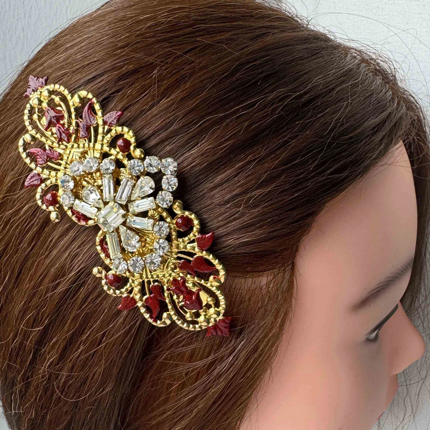 Vintage 1950s Red Gold Jewelled Hair Barrette - vintage hair 