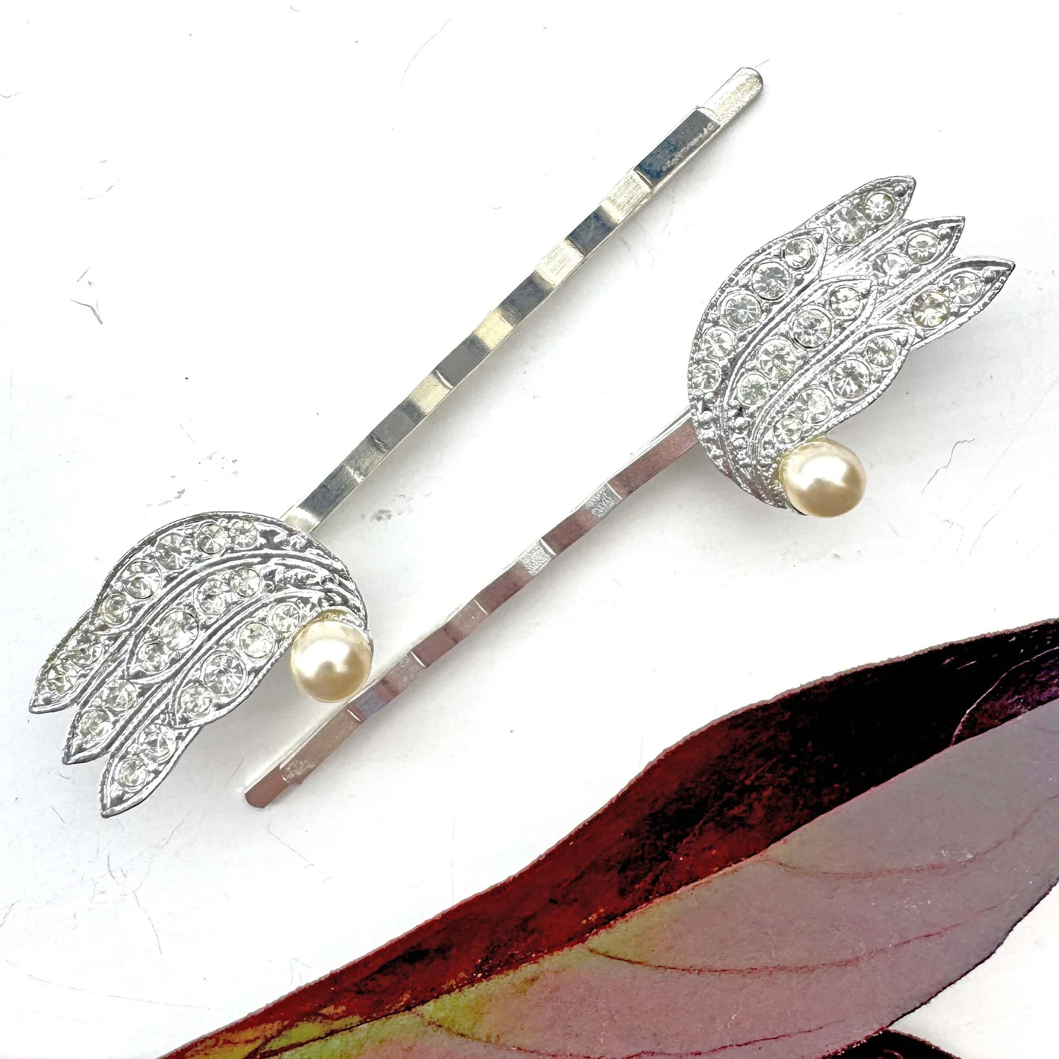 Vintage 1950s Art Deco Pearl Silver Rhinestone Hair Pins 