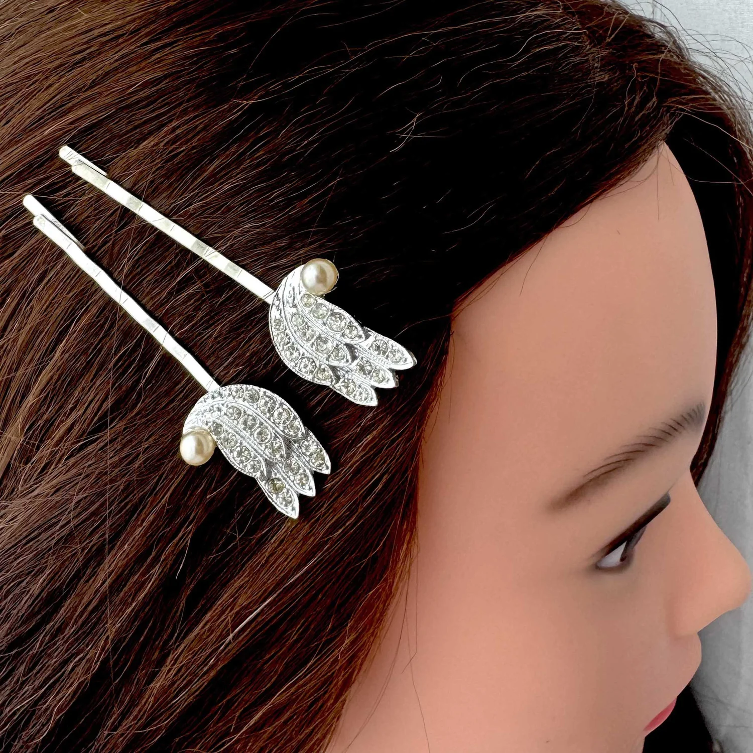 Vintage 1950s Art Deco Pearl Silver Rhinestone Hair Pins  display picture 1