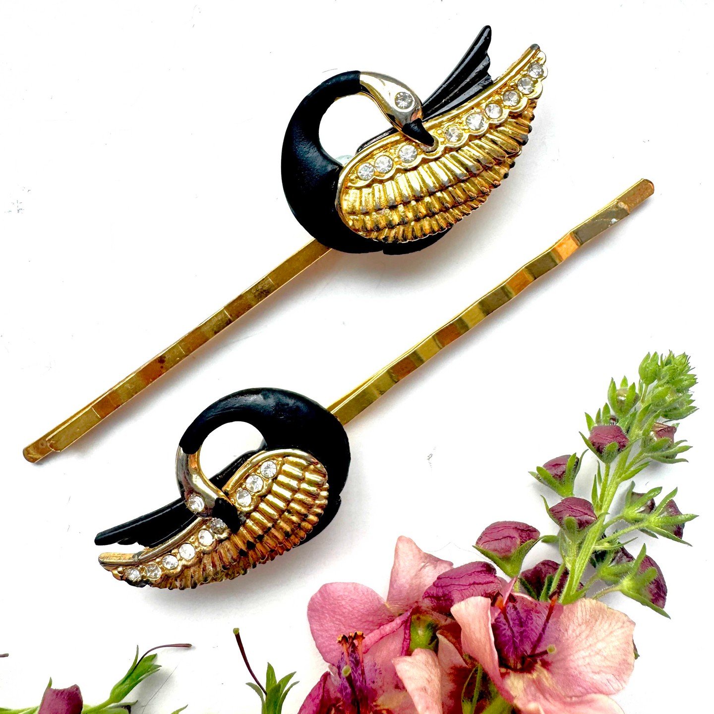 🖤 Put the perfect finishing touch to your everyday vintage style with a touch of dark elegance... my Black Swan Hair Pins &mdash; a statement pair handmade by me from upcycled vintage jewellery and perfect for retro hair styling, pin-up updos, or a 