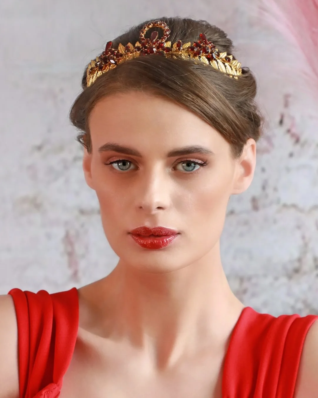 Burgundy red jewelled gold leaf tiara &ndash; a one-of-a-kind bridal headpiece perfect for gothic weddings, renaissance brides, and and anyone craving a statement historical headpiece with dark romance.. This dramatic statement tiara combines genuine