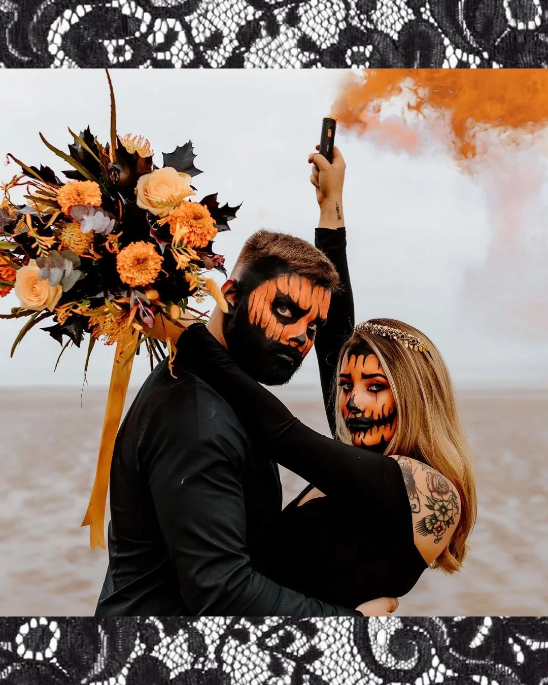 🖤 Gothic bridal tiara for alternative brides — a one-of-a-kind black rhinestone and gold leaf crown handmade from upcycled vintage jewellery.
Created for this bold Halloween wedding shoot, it mixes sophisticated antique detail with a glamorou