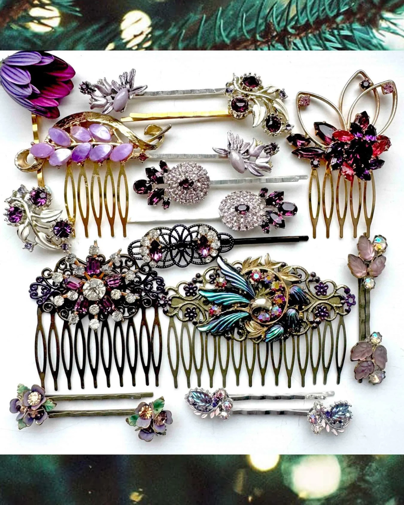Unique vintage hair accessories &bull; handmade upcycled vintage hair combs, hair pins &amp; hair clips &bull; this collection of accessories in shades of purple (full colour range available) 💜✨

This photo shows a little selection of my purple desi