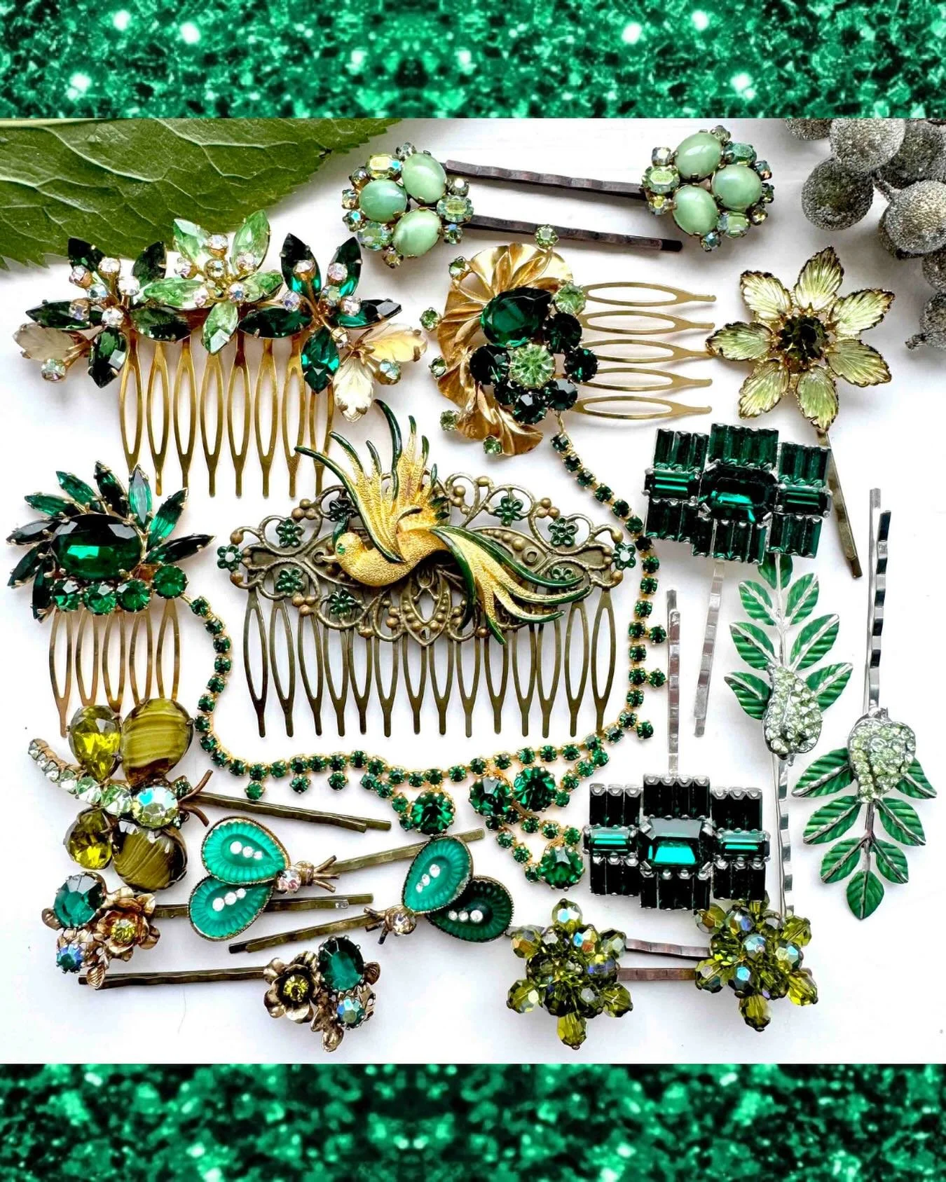 A selection of my favourite coloured pieces - I love the greens! If you&rsquo;d like to gift beautiful vintage hair sparkles to someone special (including yourself!) for Christmas, then this is your last chance. Choose express shipping at checkout an